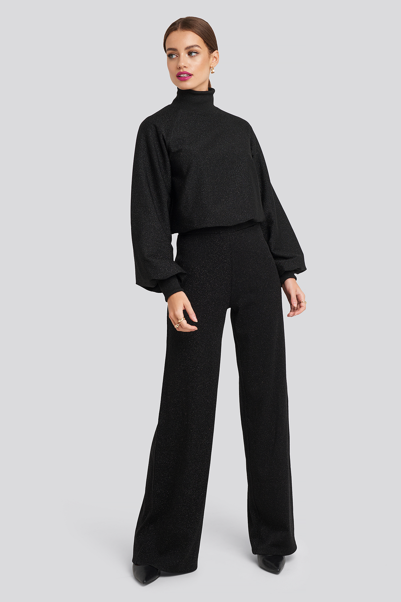 High Waist Wide Leg Lurex Pants Black