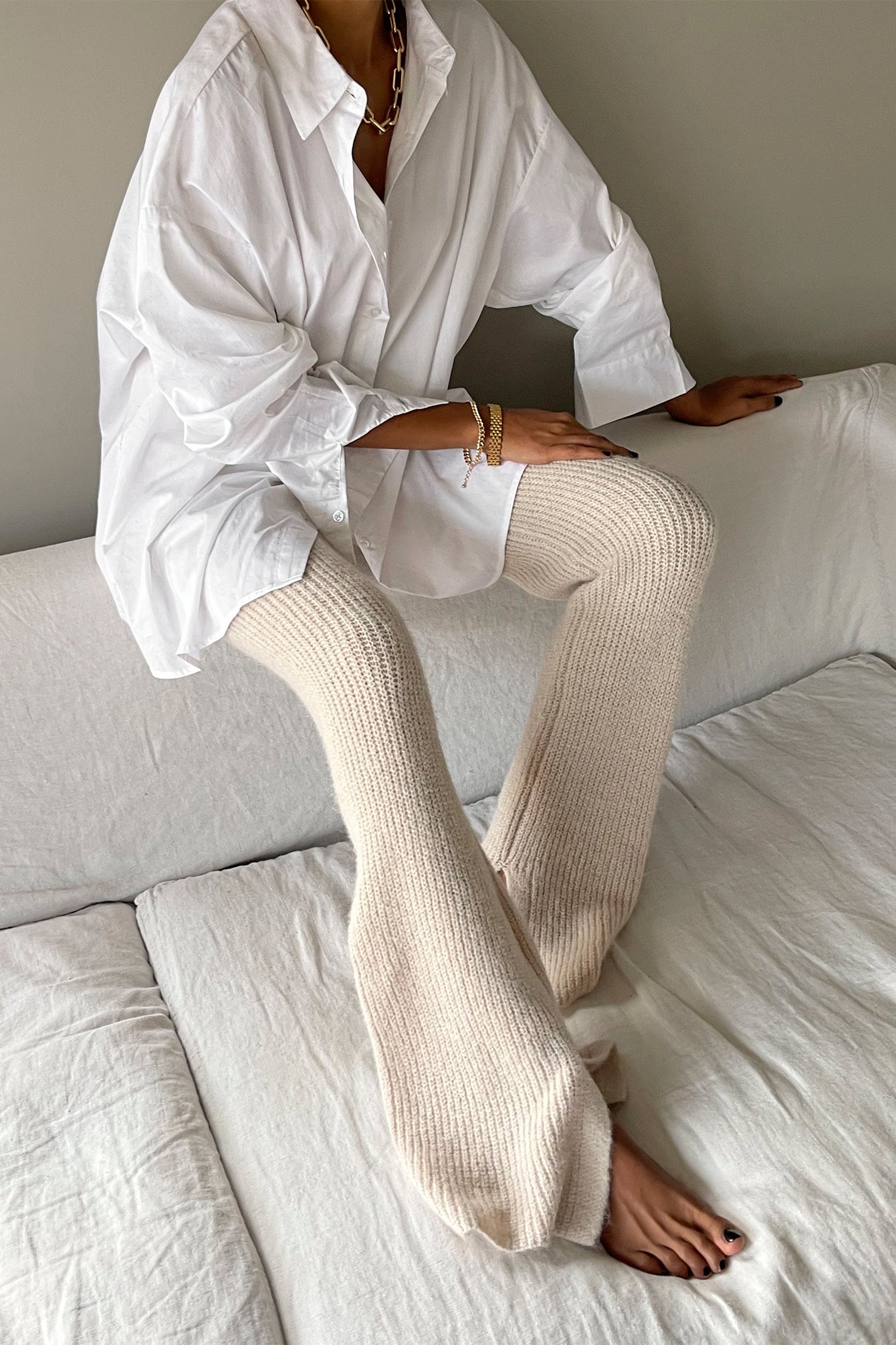Beige Gebreide broek met hoge taille en splitdetail