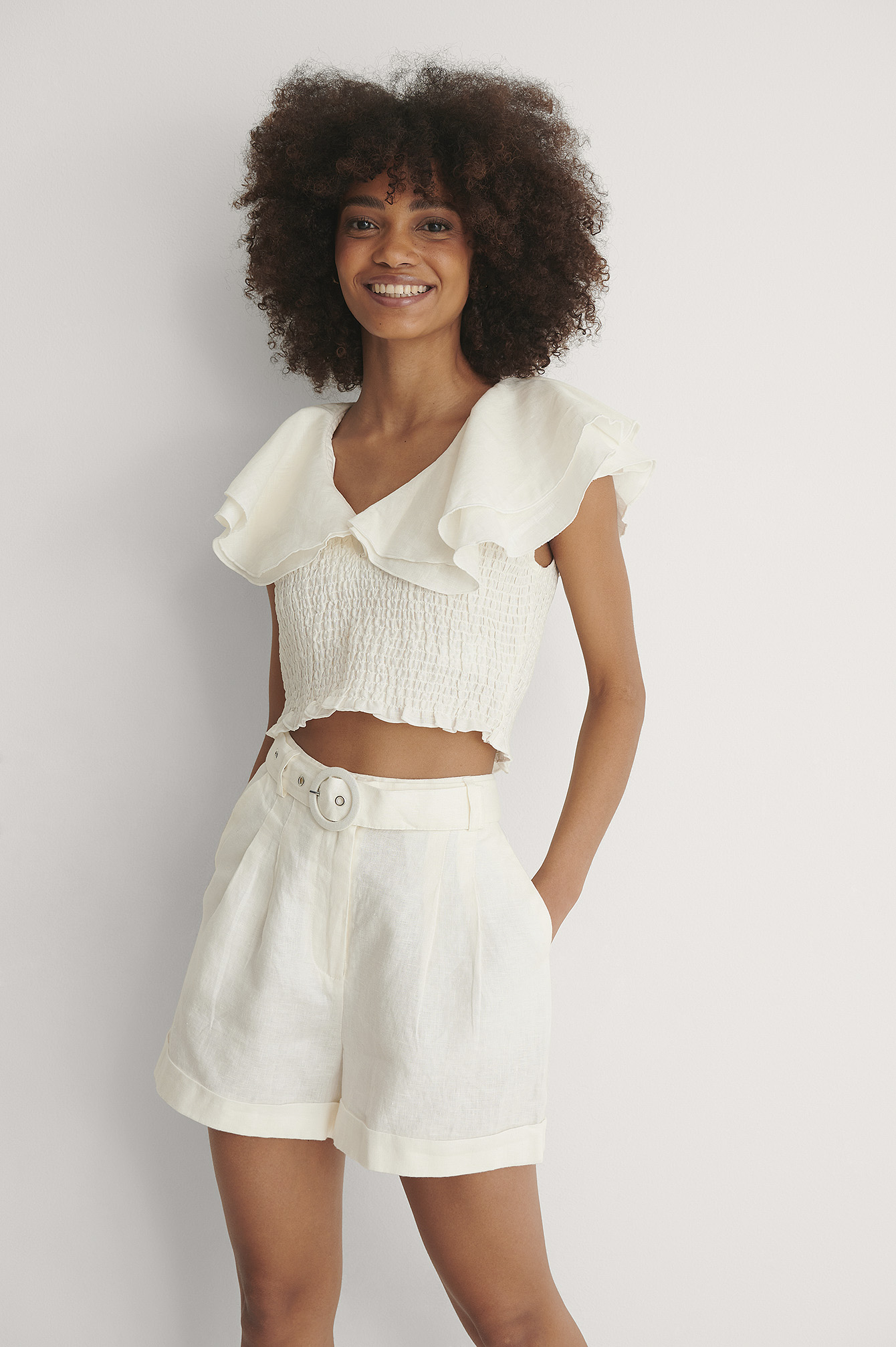 Highwaist Belted Linen Shorts White 