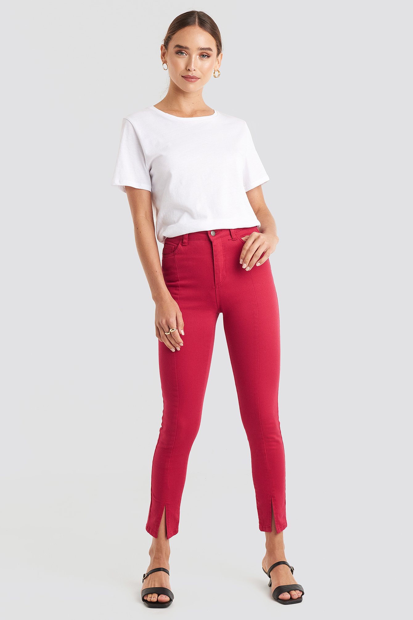 Red NA-KD Highwaist Skinny Front Slit Jeans