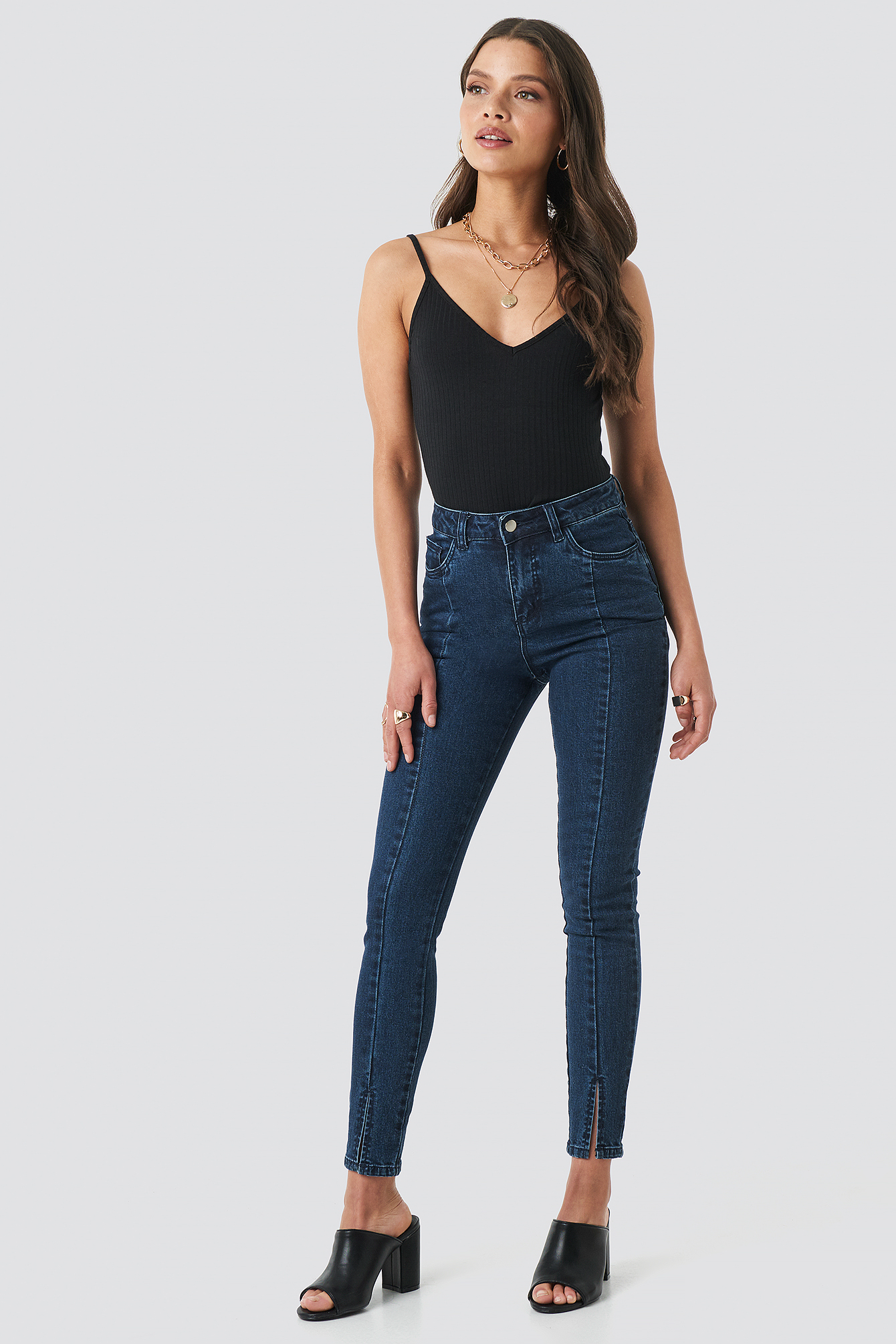 Highwaist Skinny Front Slit Jeans Dark Blue