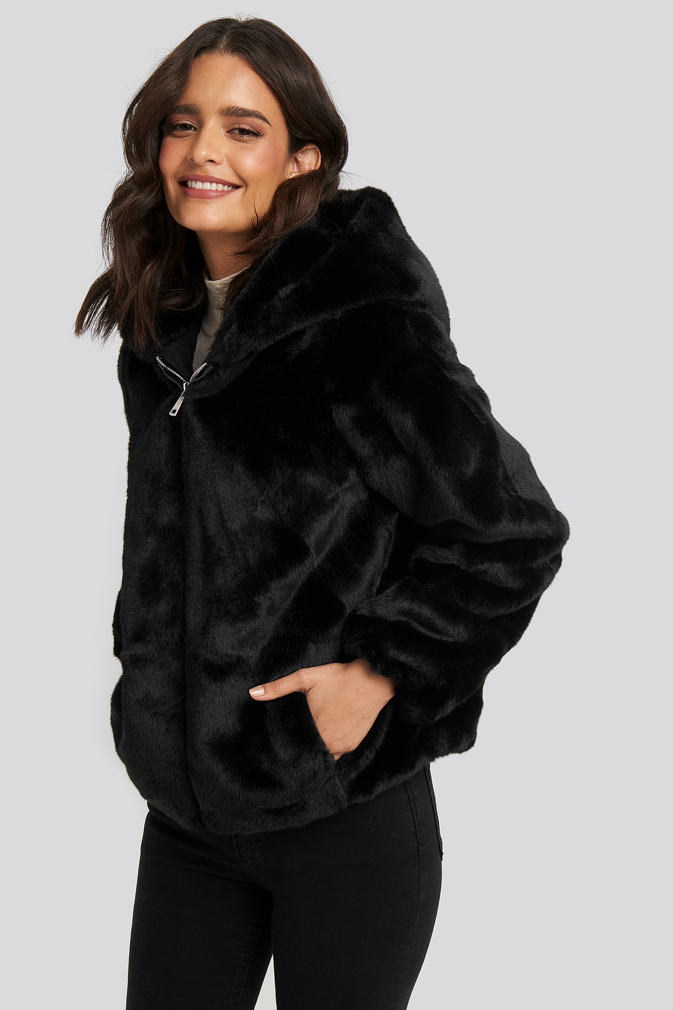 Hooded Faux Fur Jacket Black