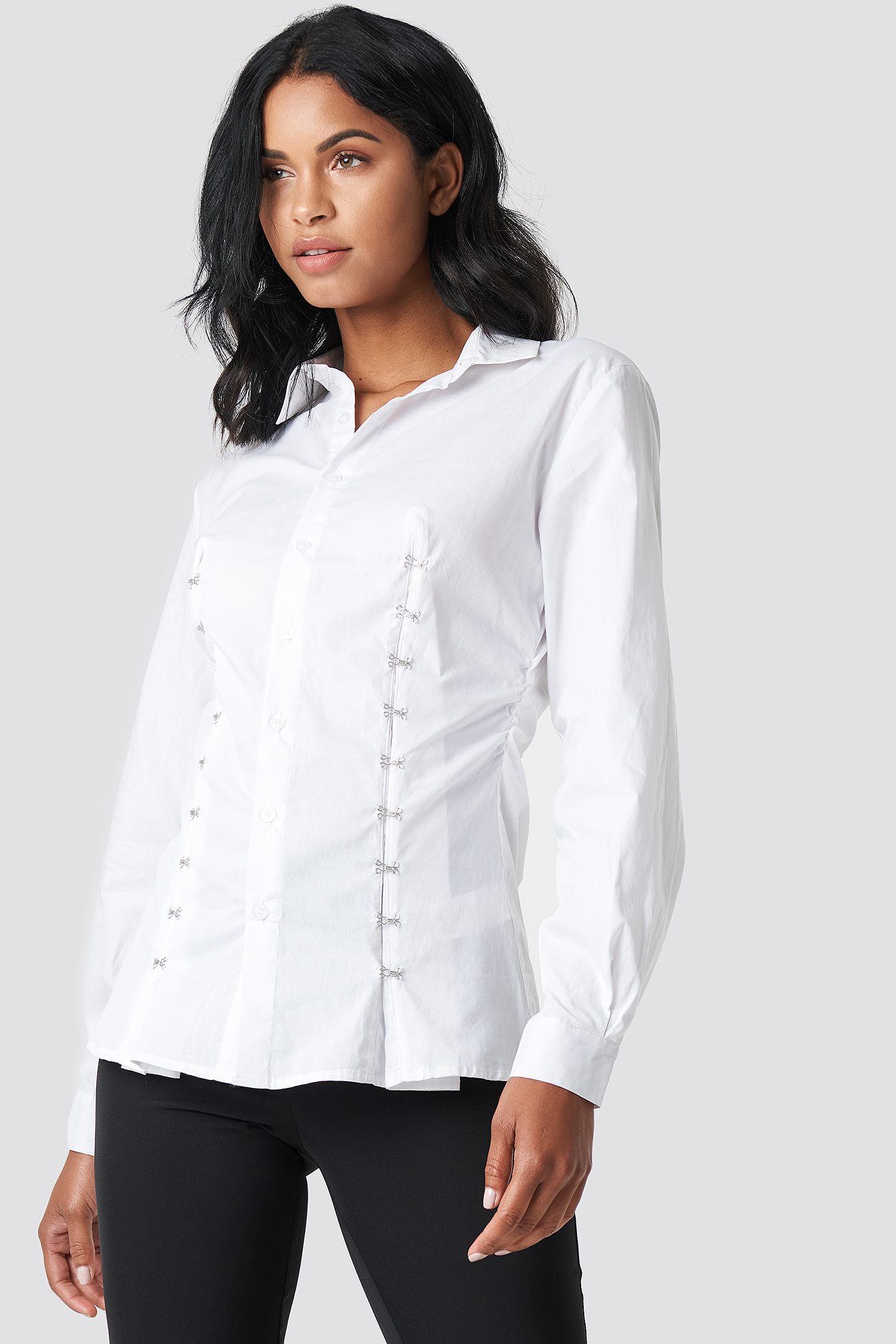 White satin blouse long sleeve wide cuff no buttons wrapped high collar