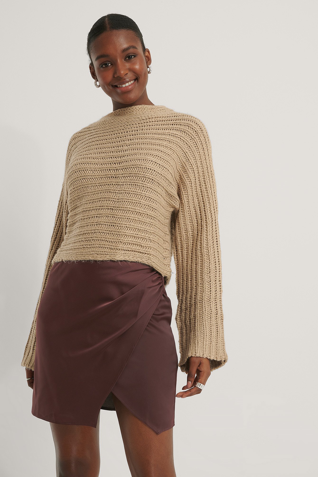 Beige Horizontal Ribbed Knitted Sweater