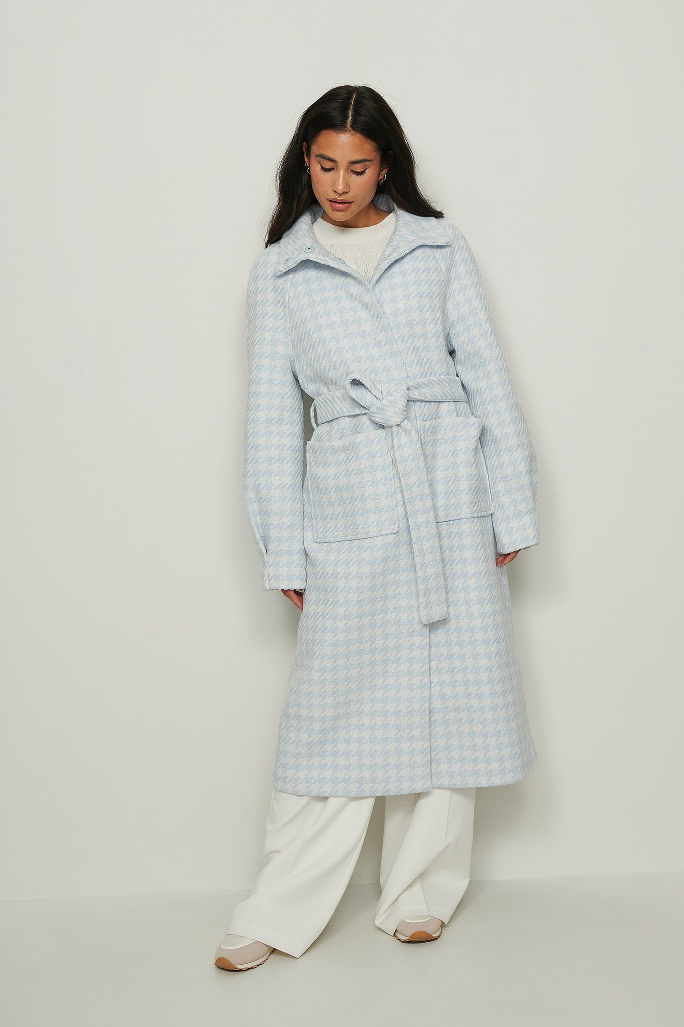 White/Blue Recycled Houndstooth Belted Coat