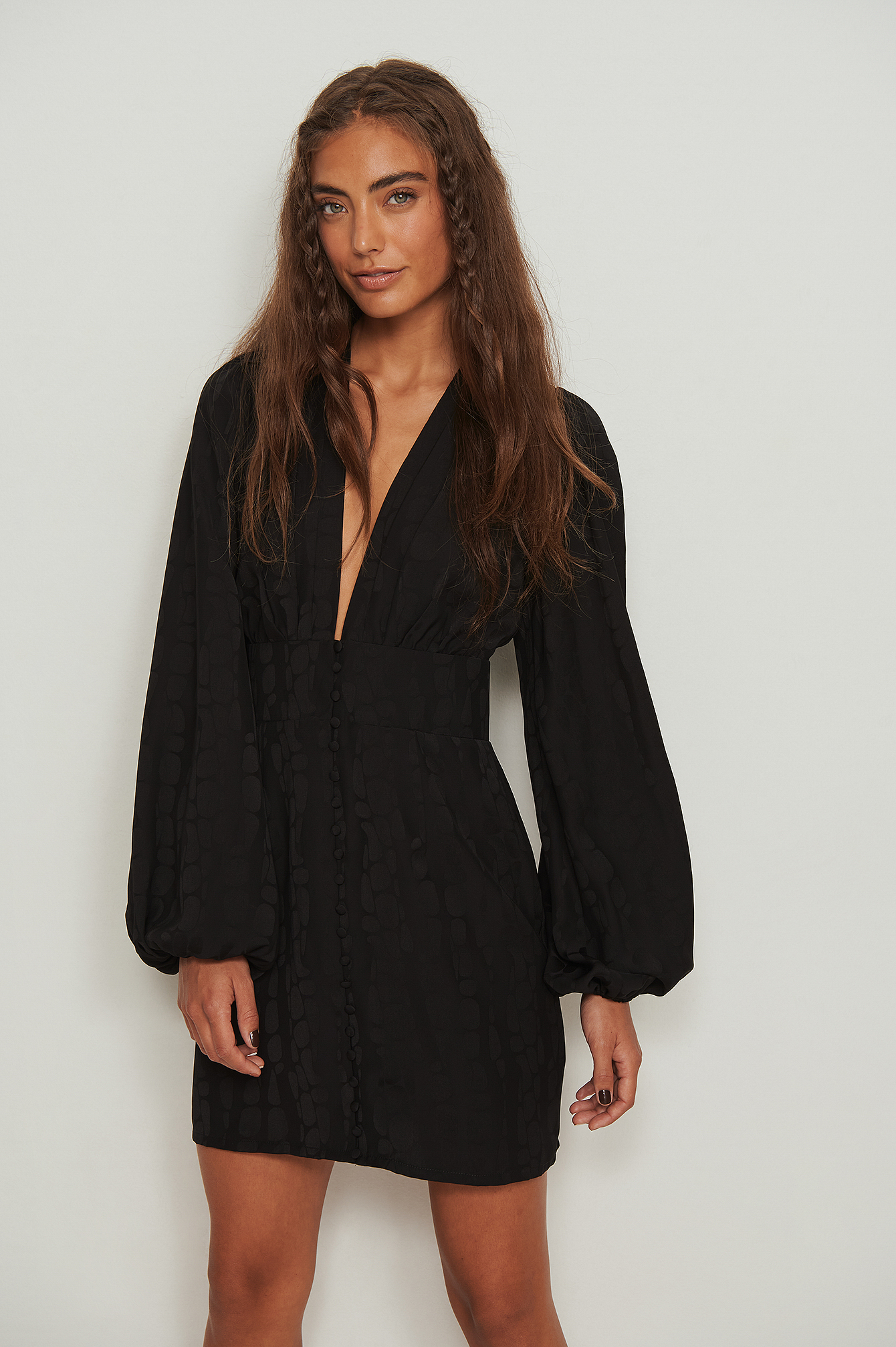 Jacquard Buttoned Mini Dress Black | NA-KD