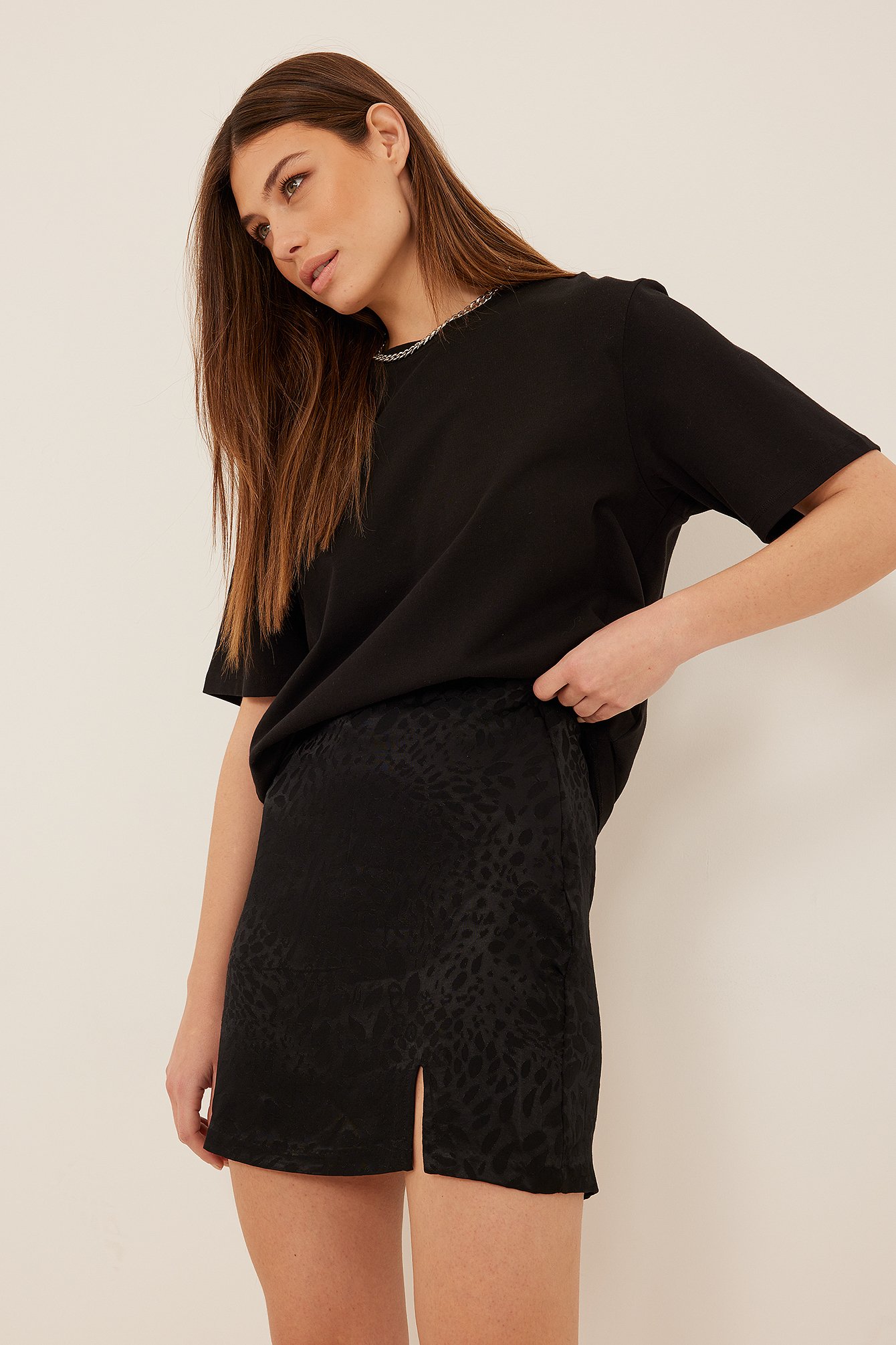 Black Jacquard Mini Slit Skirt