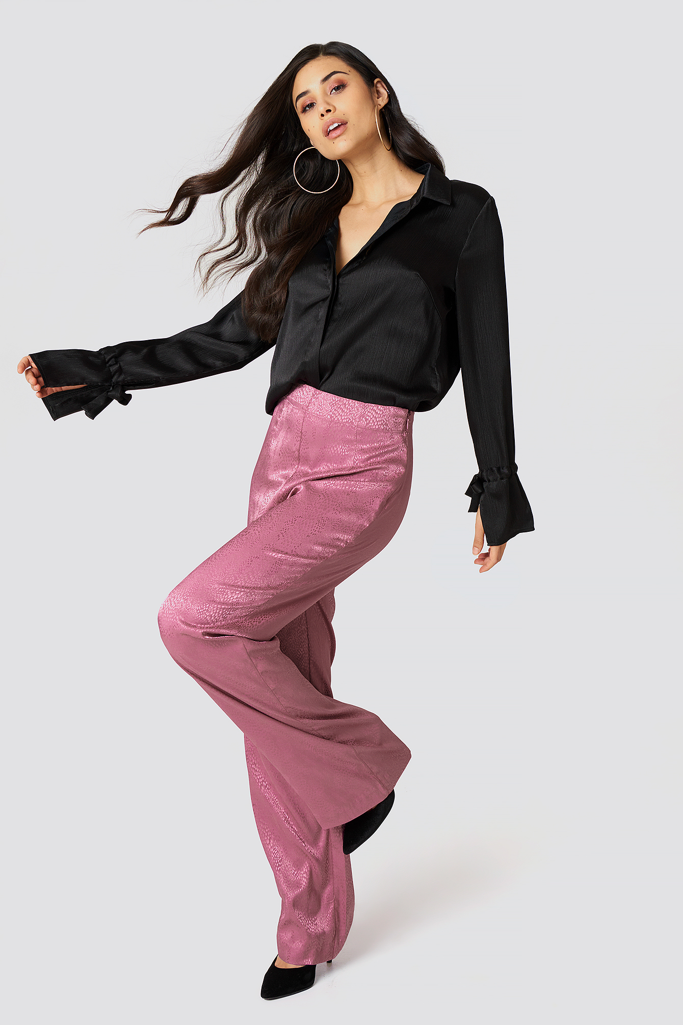 Jacquard Satin Dotted Wide Pants Pink Rose