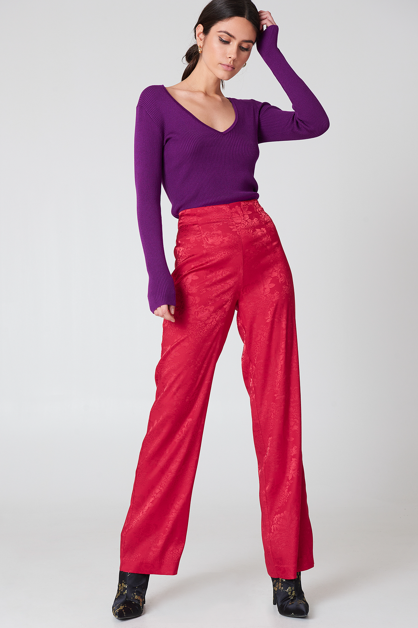 Jacquard Satin Wide Pants Cherry