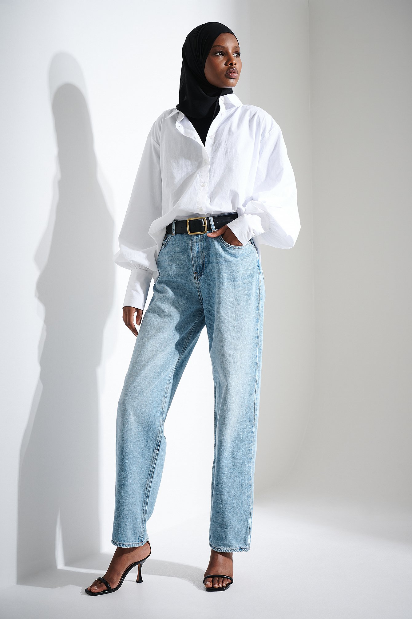 Blue Denim Jeans med høyt liv og løs passform