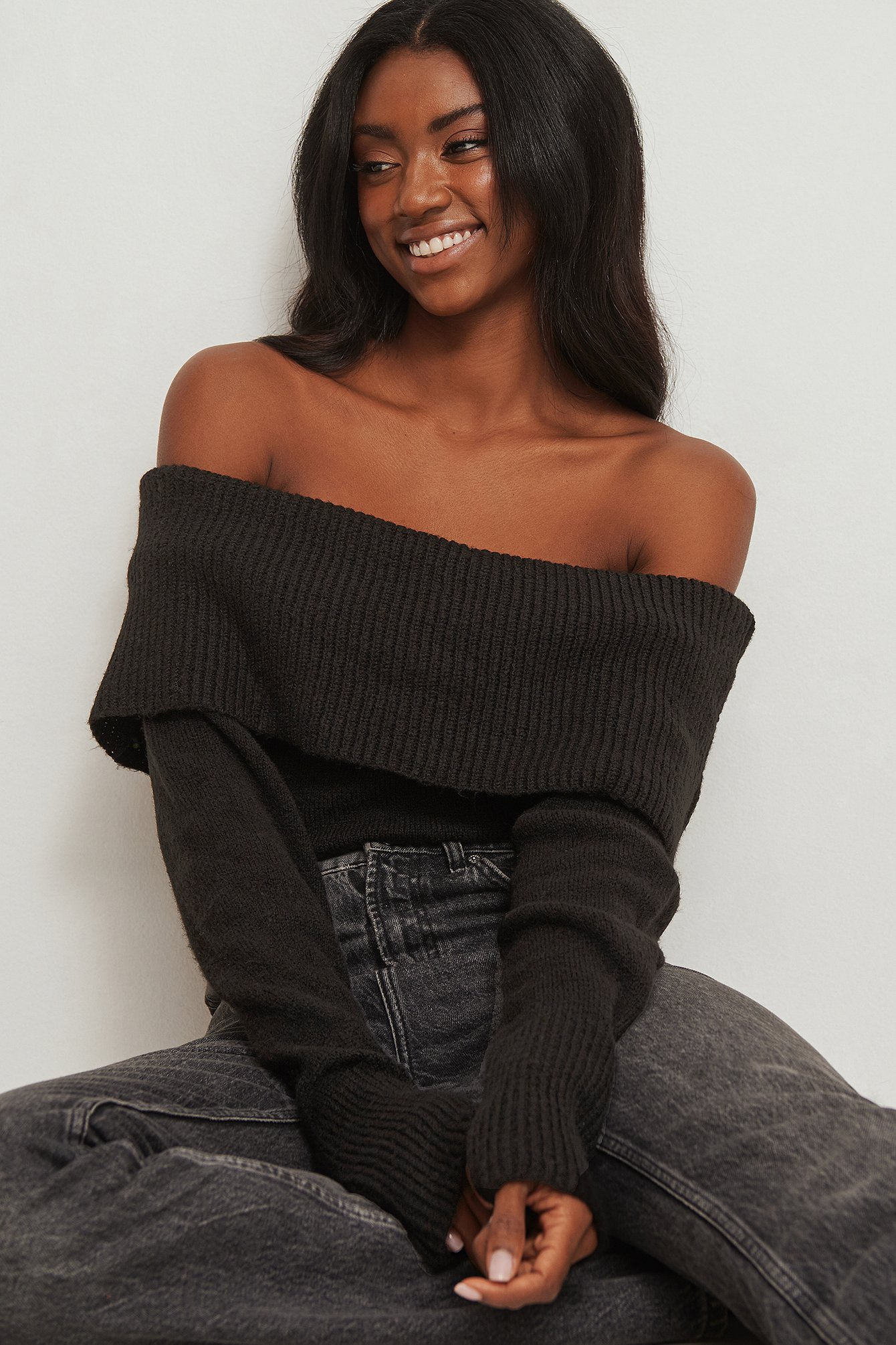 Black Knitted Folded Off Shoulder Sweater
