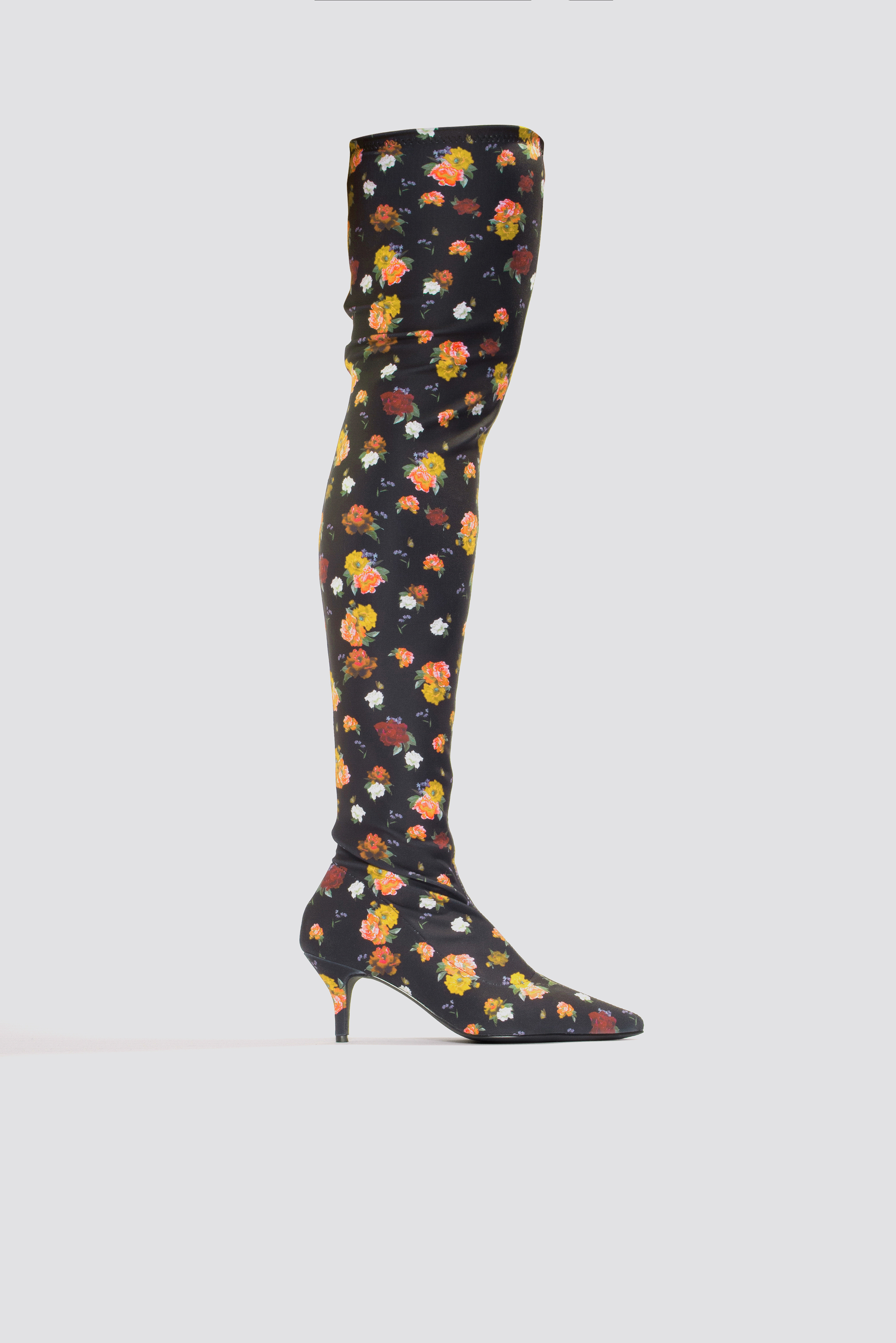 Knee High Kitten Heel Boots Yellow Flower