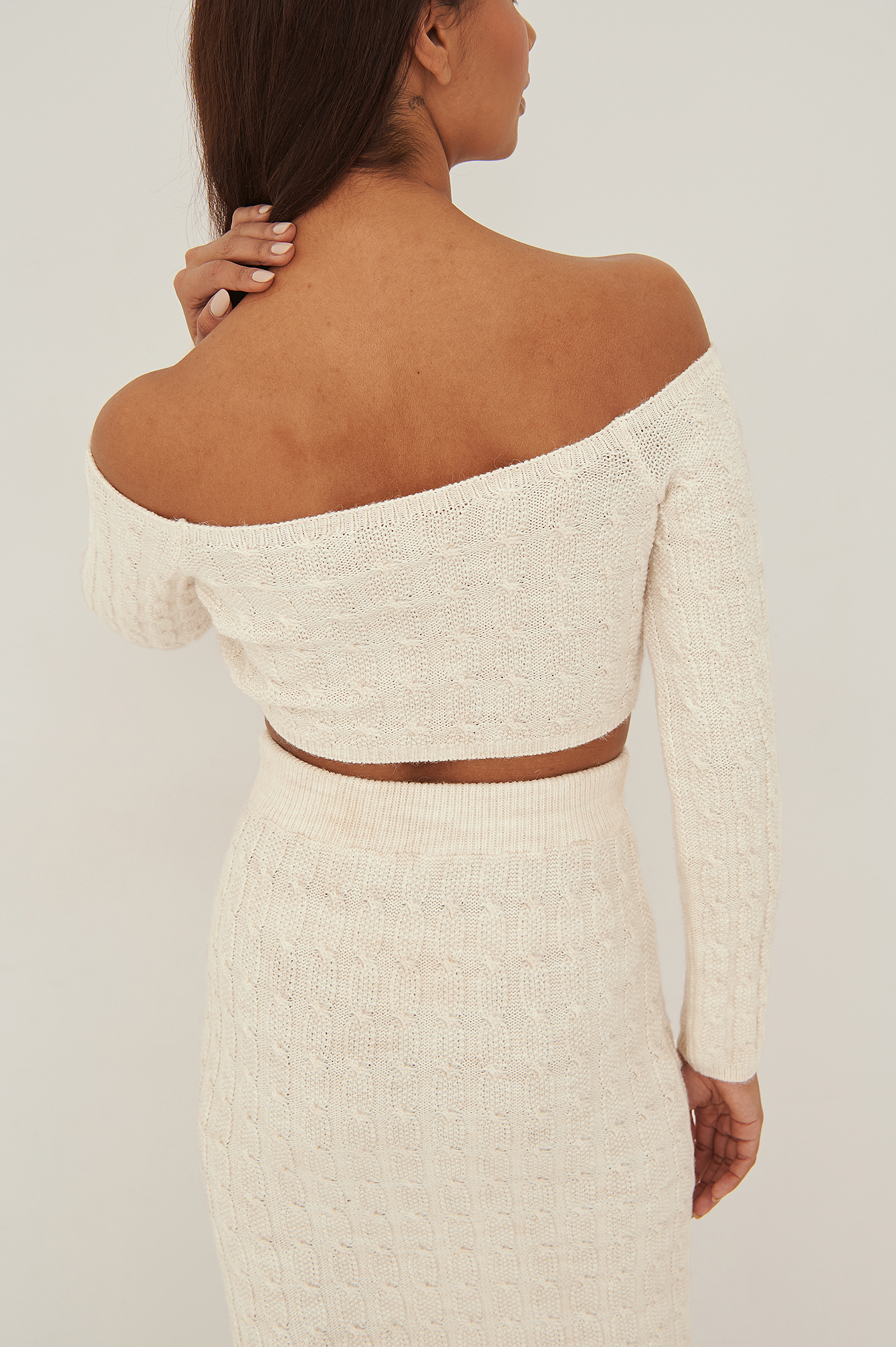 Offwhite Knit Detail Off Shoulder Crop Sweater