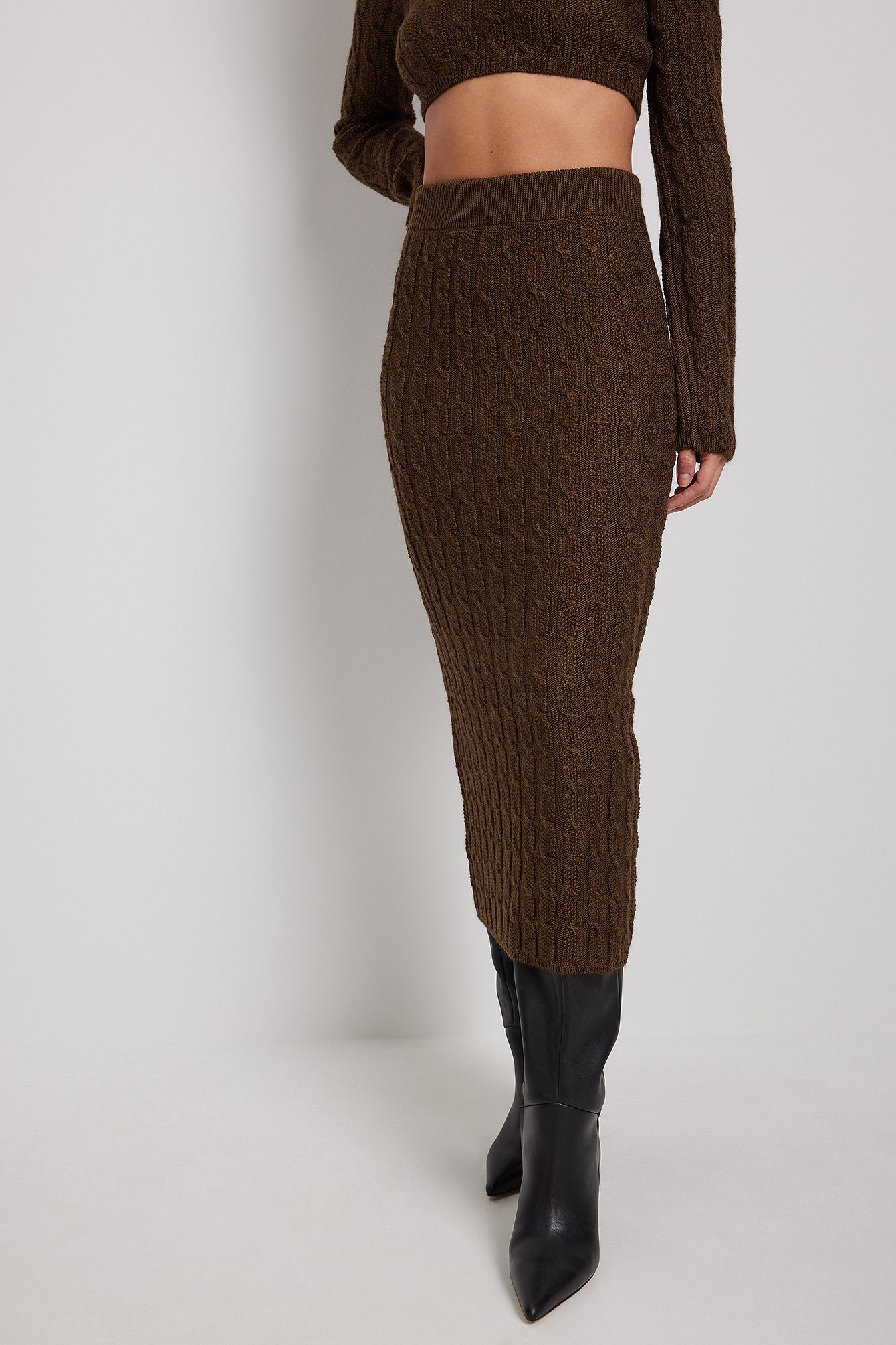 Brown Knit Detail Midi Skirt