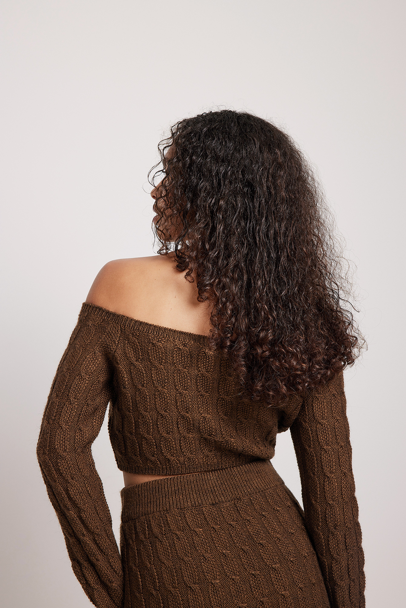 Brown Knit Detail Off Shoulder Crop Sweater