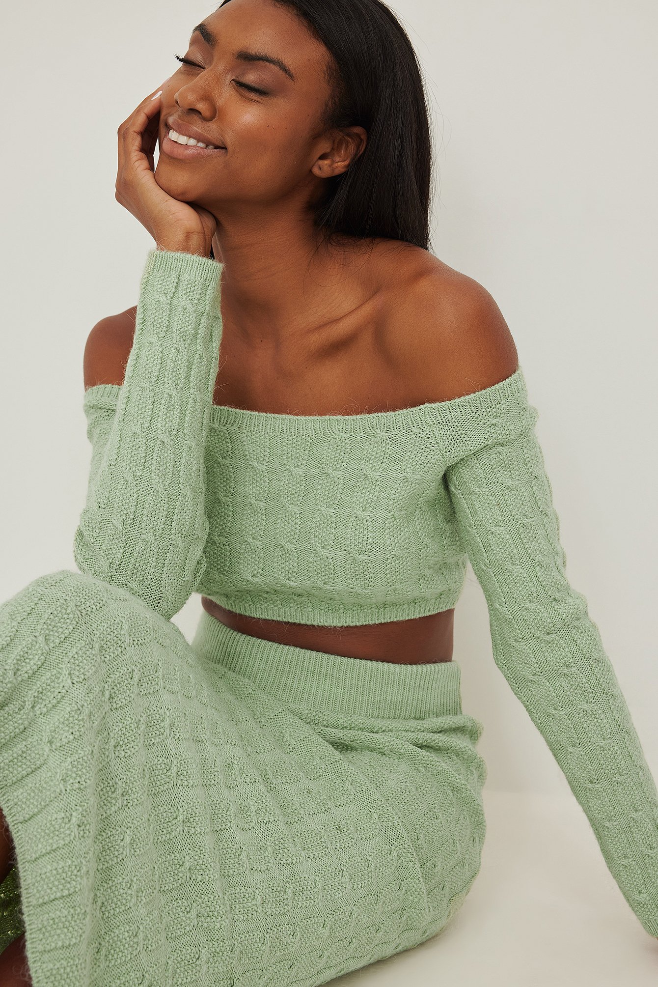 NA-KD Trend Knit Detail Off Shoulder Crop Sweater - Green