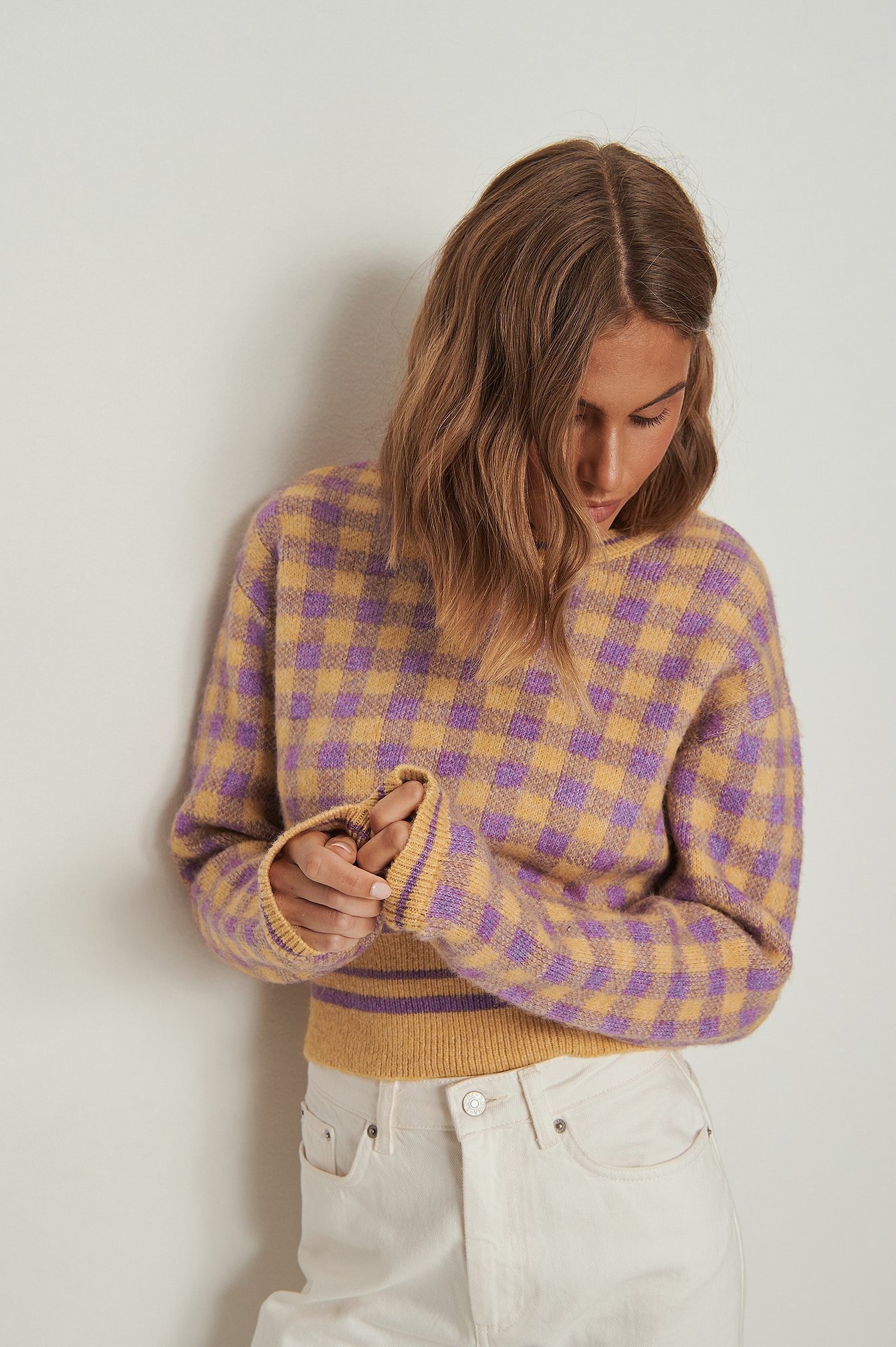 Purple/Yellow NA-KD Knitted Checkered Sweater