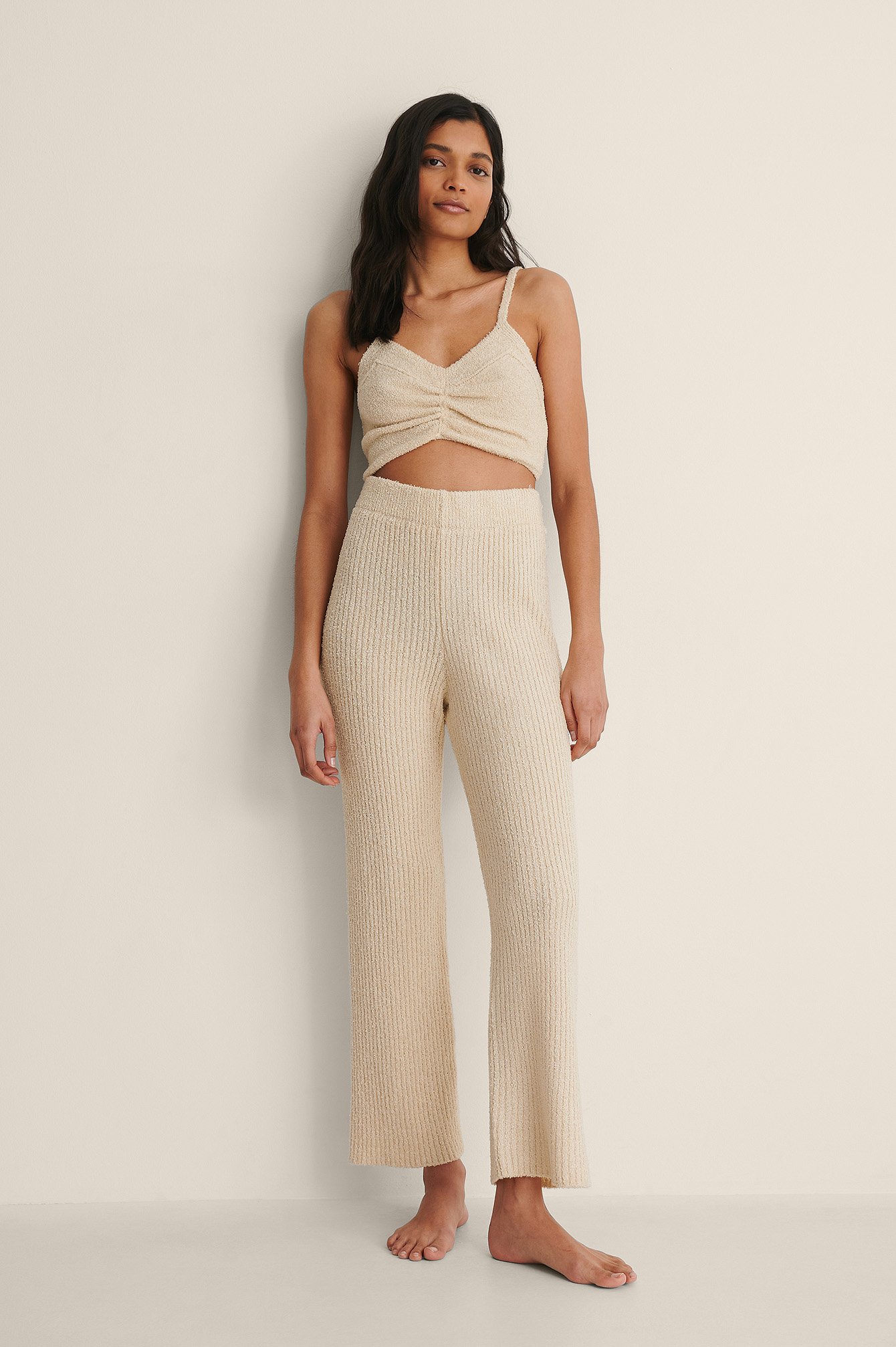 Light Beige NA-KD Trend Knitted Cropped Trousers