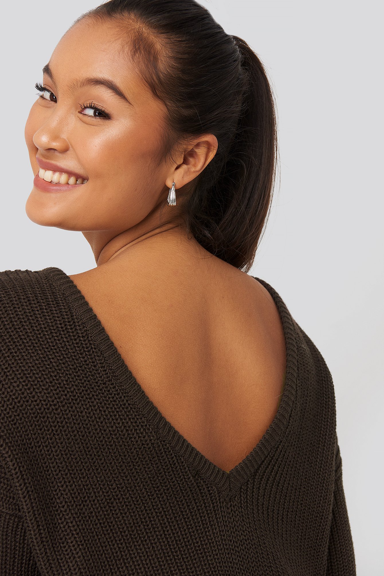 Brown Knitted Deep V-neck Sweater