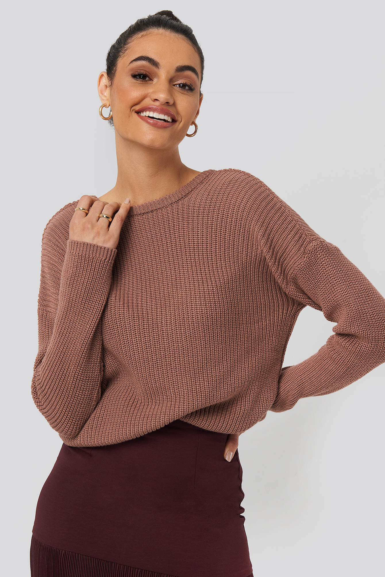 NA-KD KNITTED DEEP V-NECK SWEATER - PINK