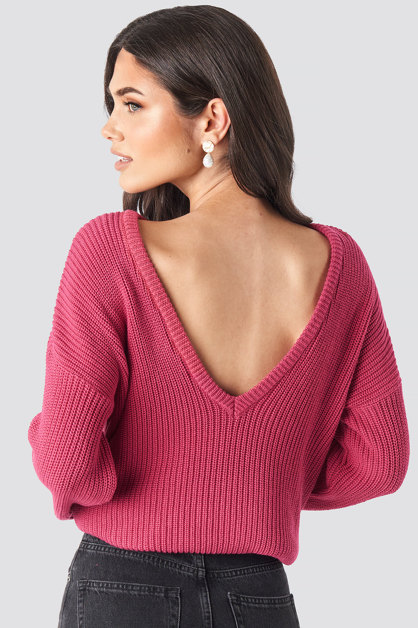 Knitted Deep V Neck Sweater Roze Na Kd