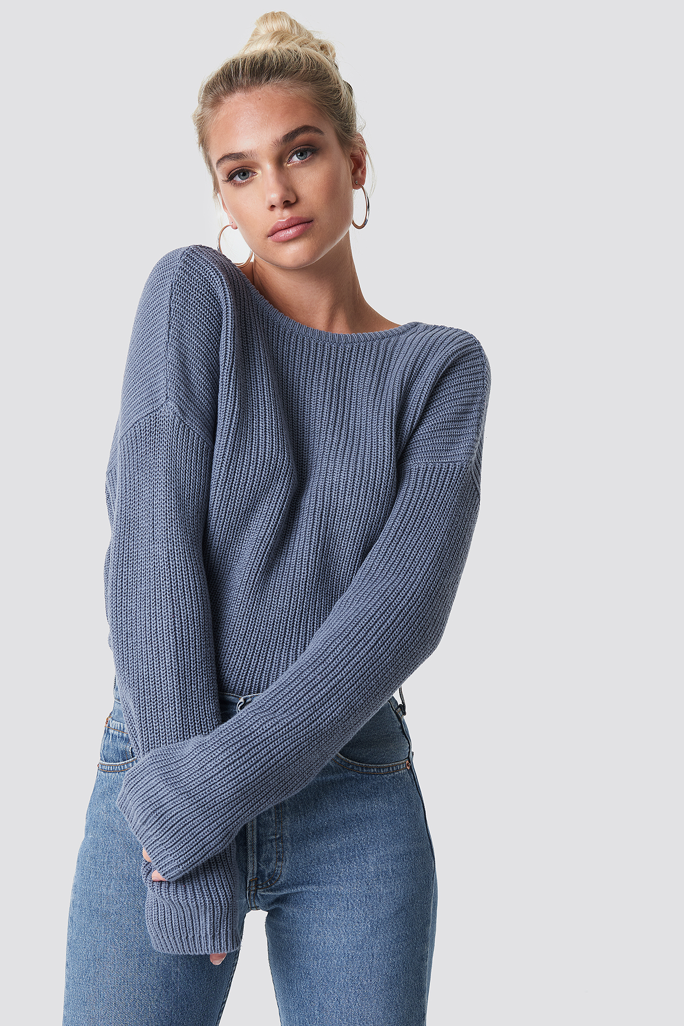 Knitted Deep V Neck Sweater Blå Na