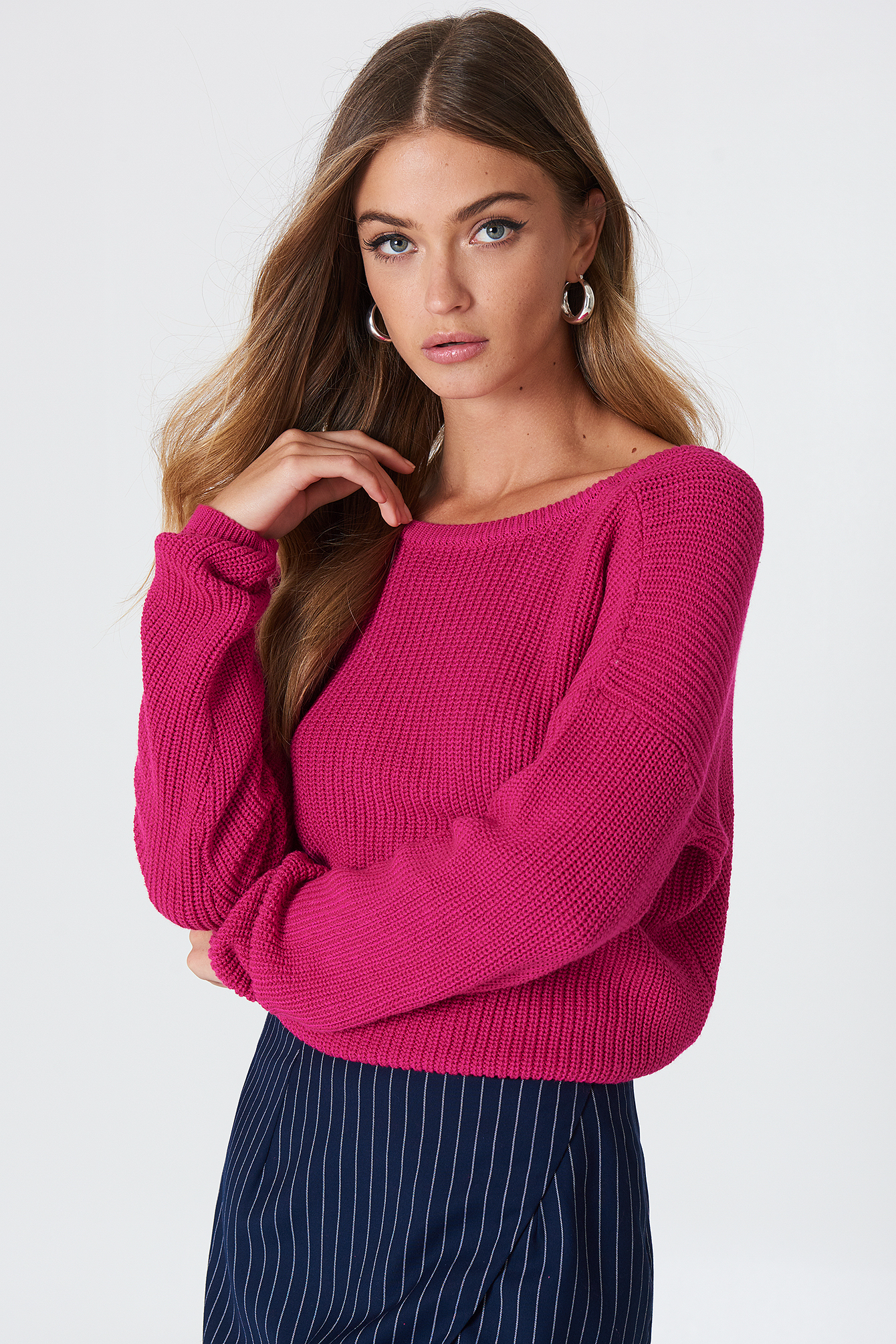 Knitted Deep V-neck Sweater Pink | na-kd.com