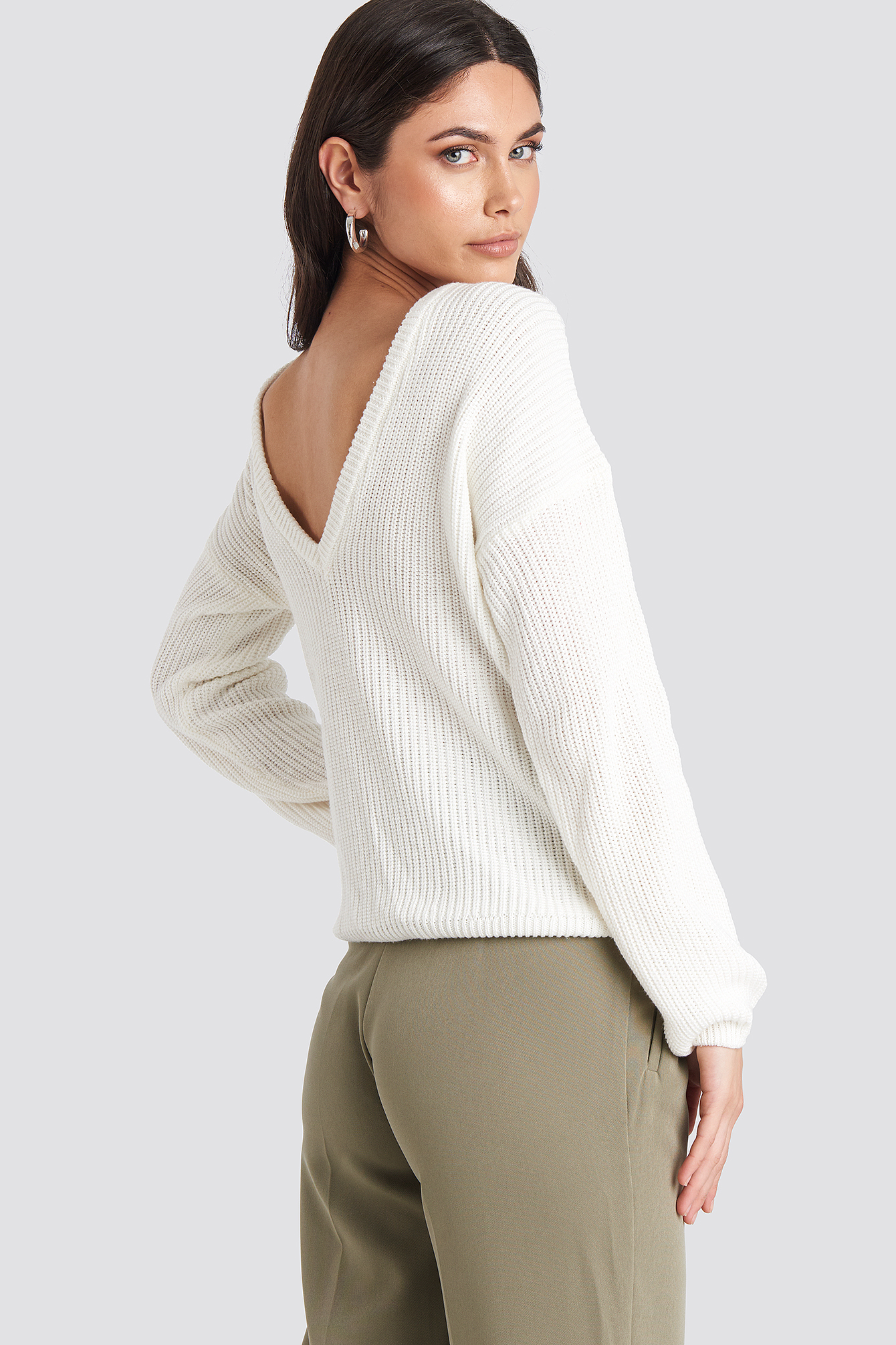 Knitted Deep V-neck Sweater White