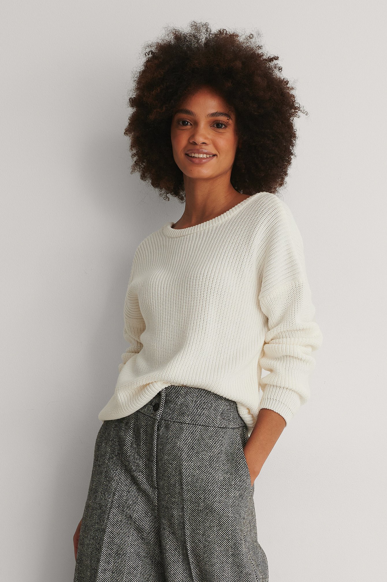 White Knitted Deep V-neck Sweater