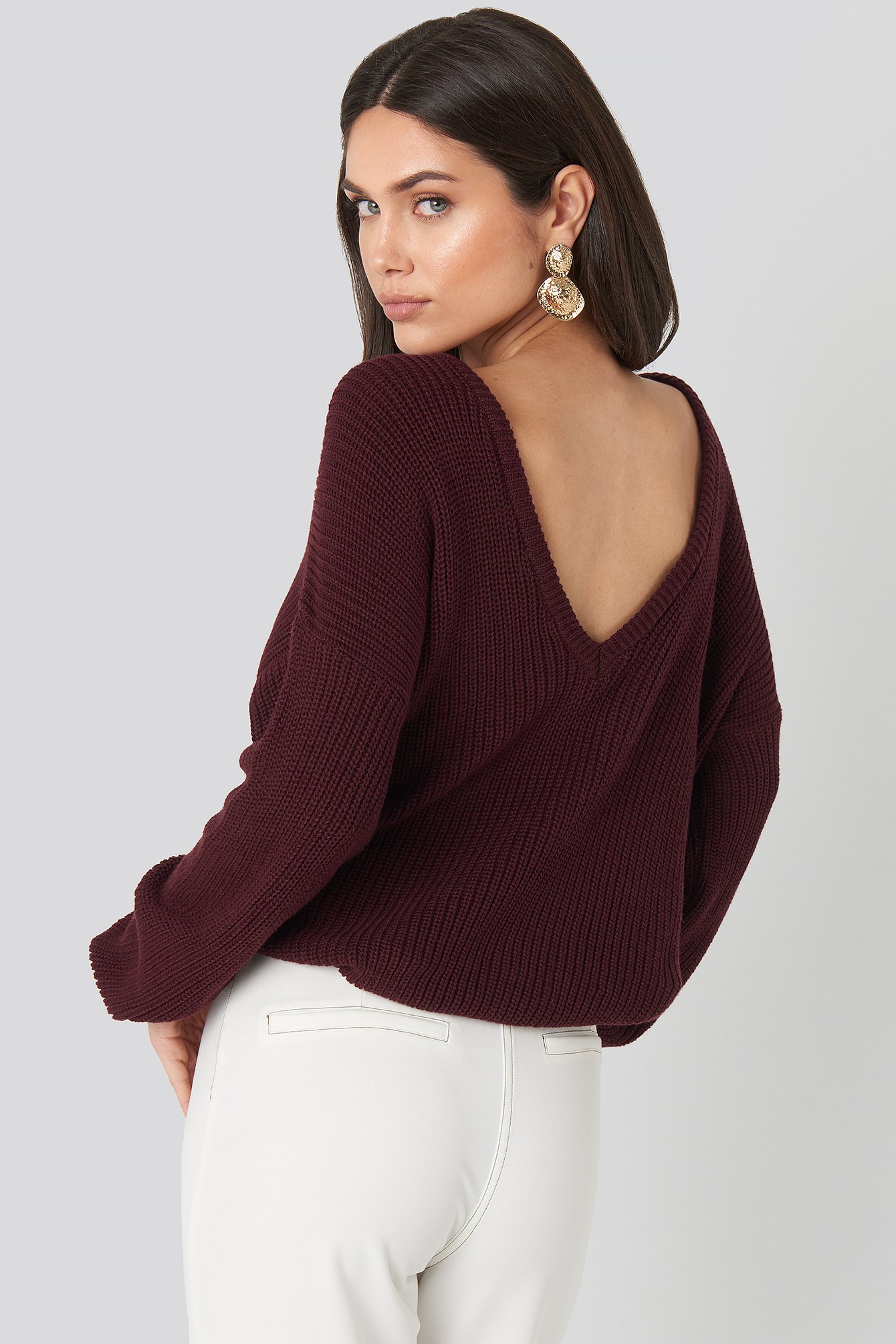 Burgundy Knitted Deep V-neck Sweater