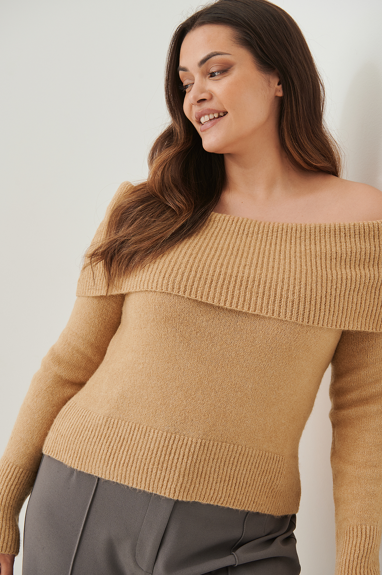 Knitted Folded Off Shoulder Sweater 