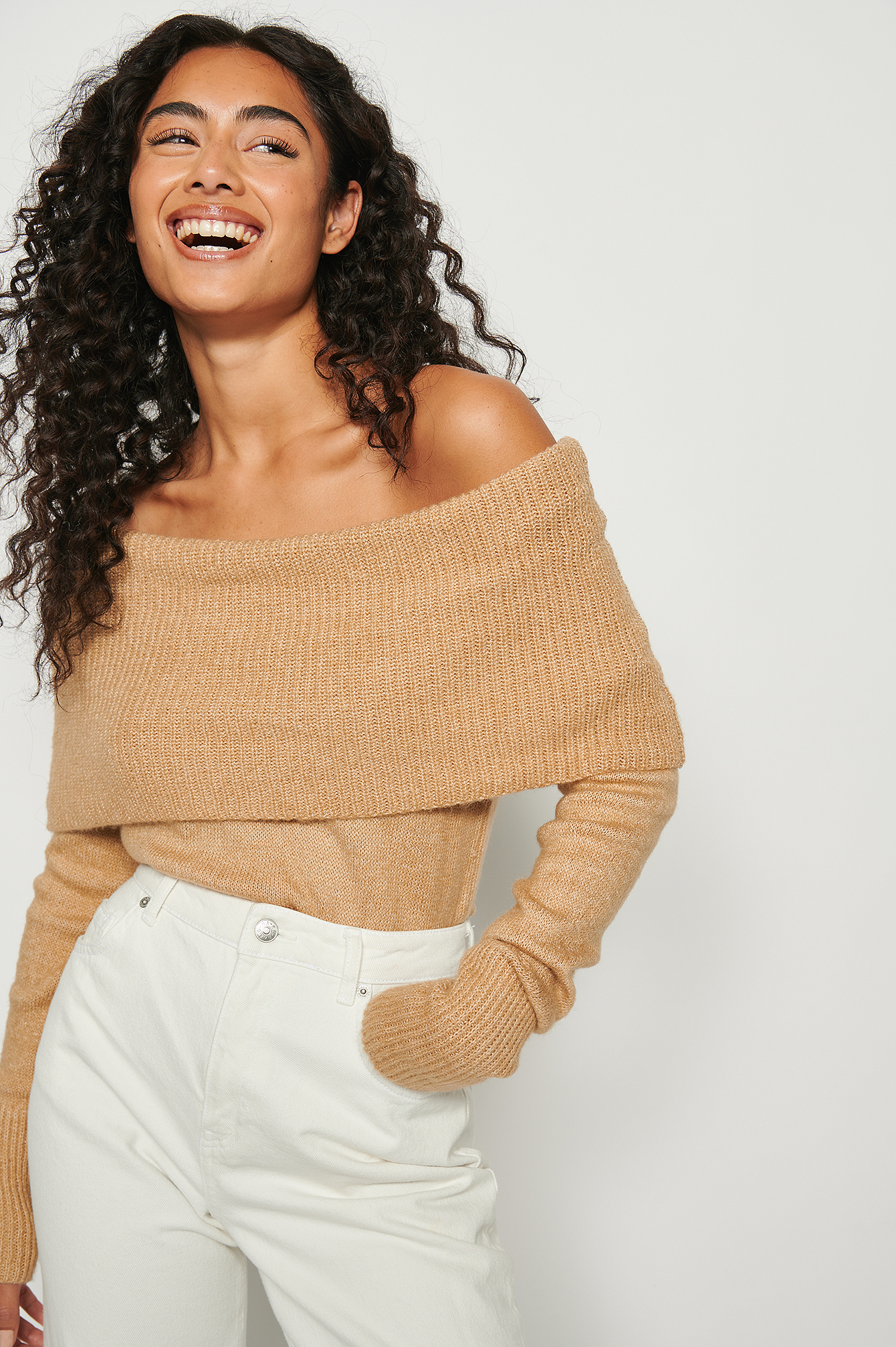 NA-KD Trend Knitted Folded Off Shoulder Sweater - Beige
