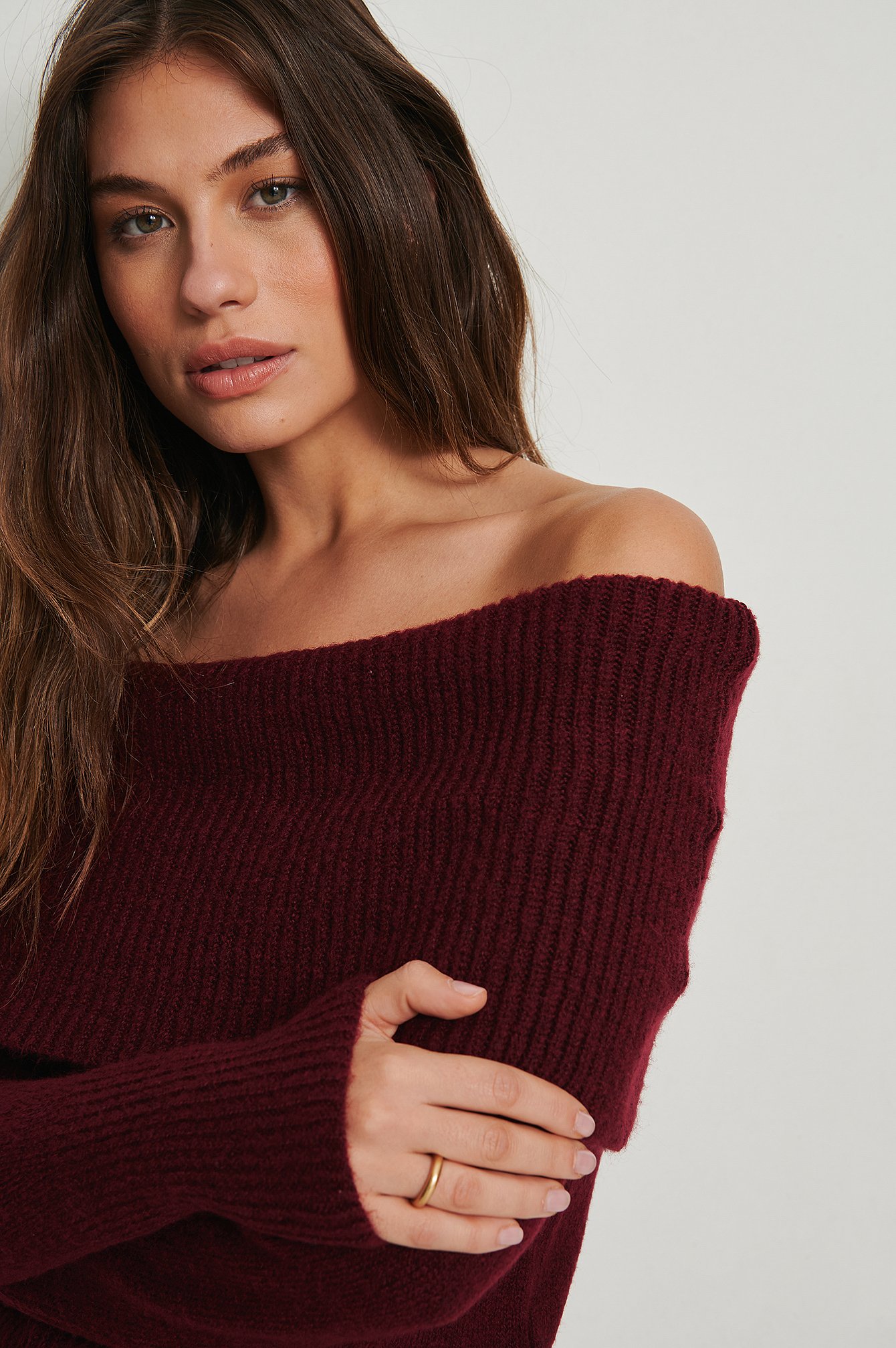 Wine Red Knitted Folded Off Shoulder Sweater