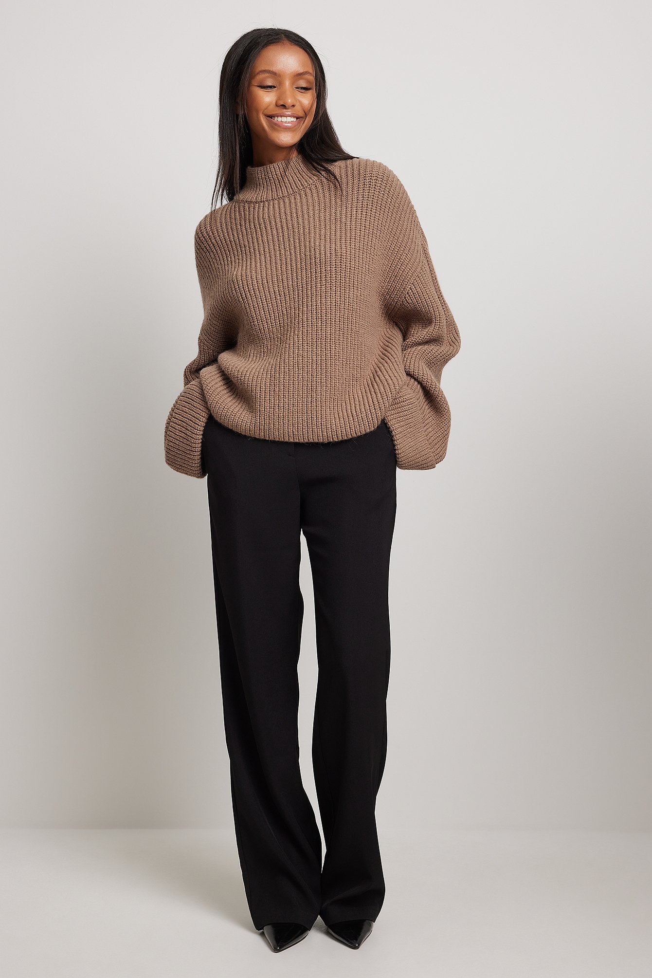 Knitted Folded Sleeve Round Neck Sweater Brown
