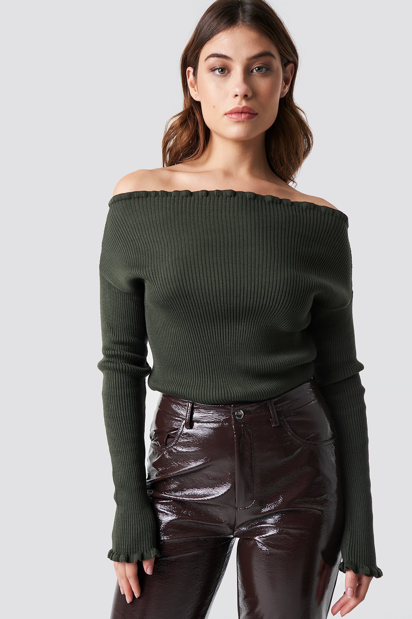 Green NA-KD Knitted Frill Off Shoulder Sweater