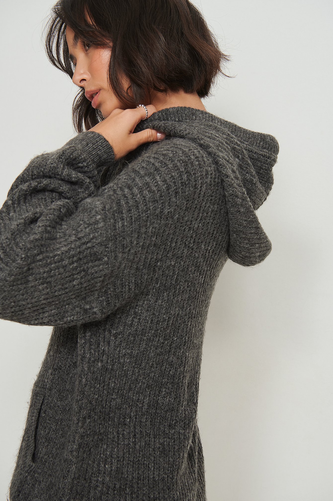 Knitted Front Pocket Hoodie Grey | na 