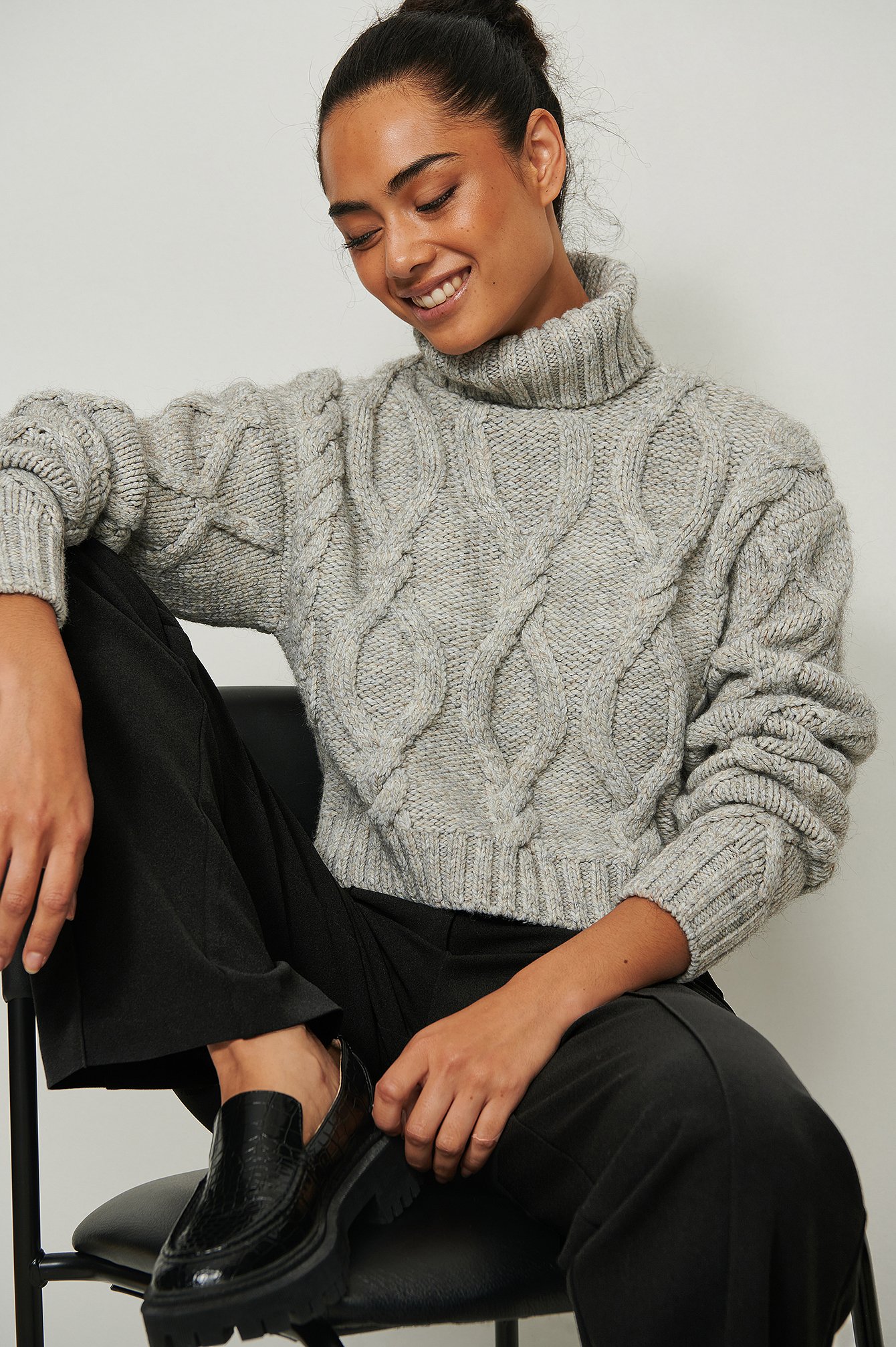 Grey Melange Knitted High Neck Cable Sweater