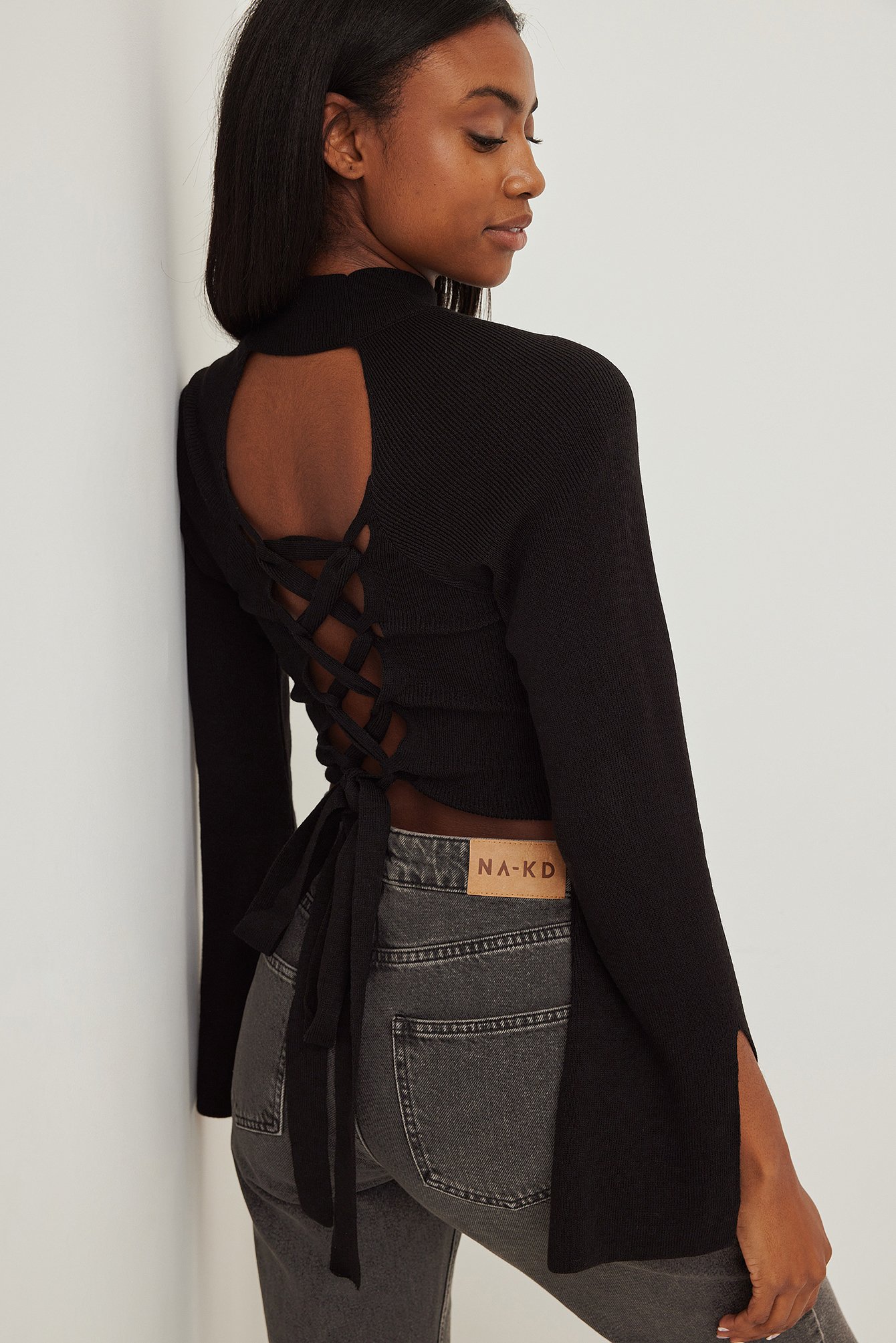 Black Knitted High Neck Wrap Detail Sweater