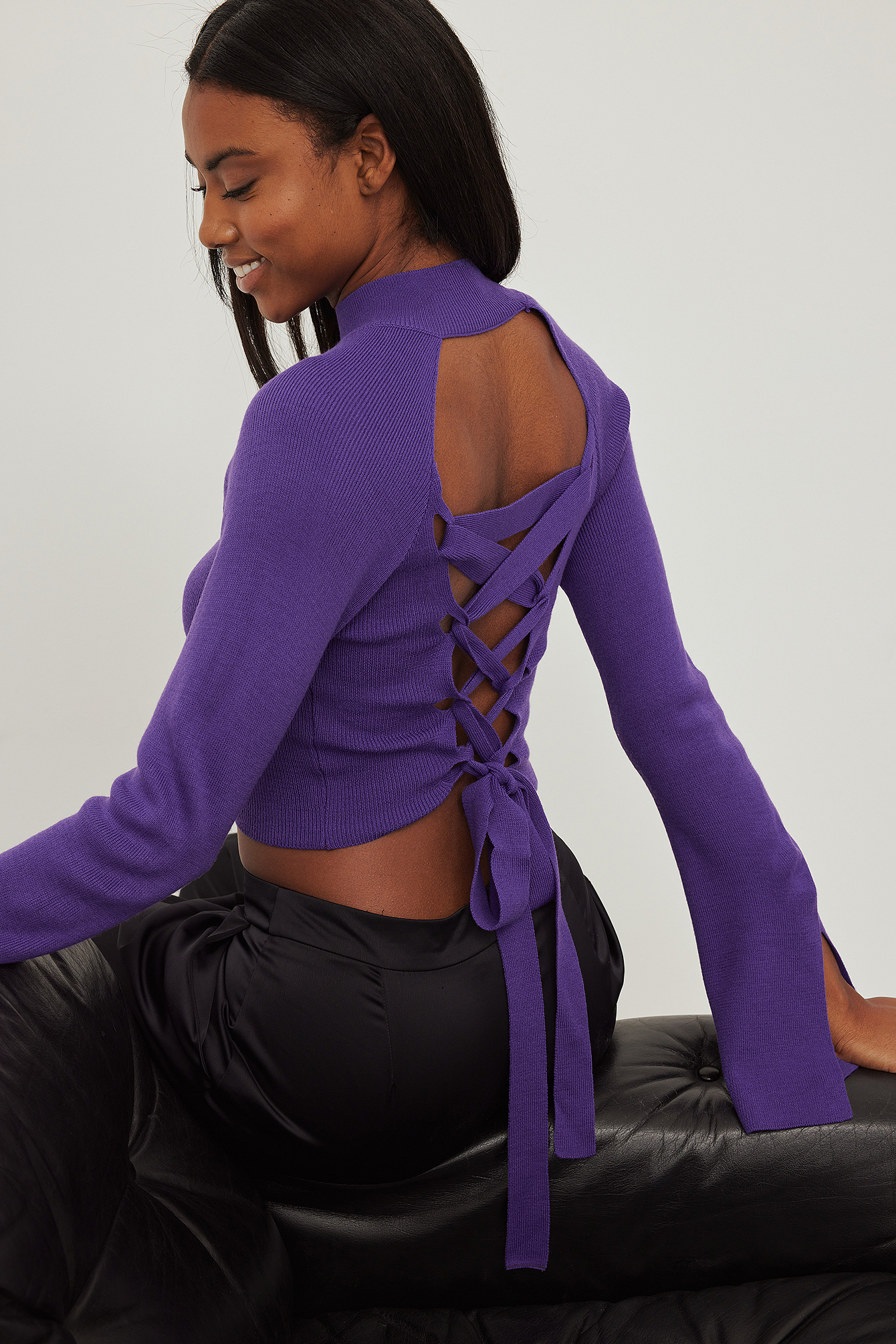 NA-KD Trend Knitted High Neck Wrap Detail Sweater - Purple