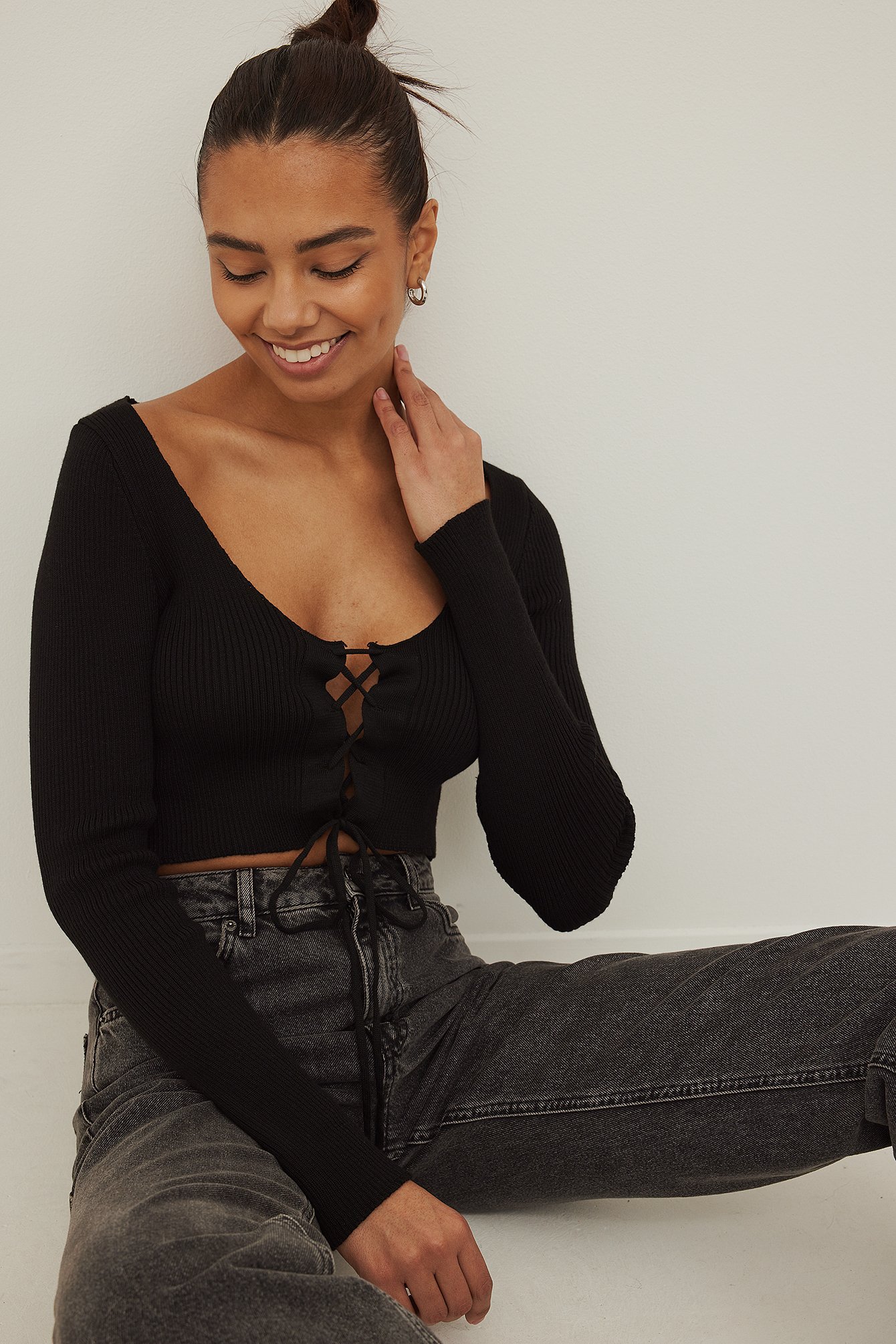 Black Knitted Lacing Top
