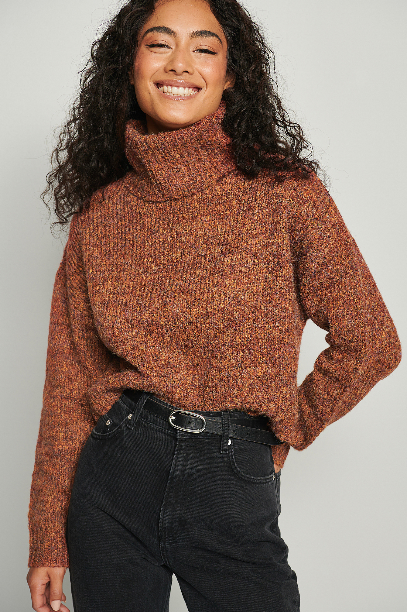 NA-KD Knitted Melange High Neck Sweater - Orange
