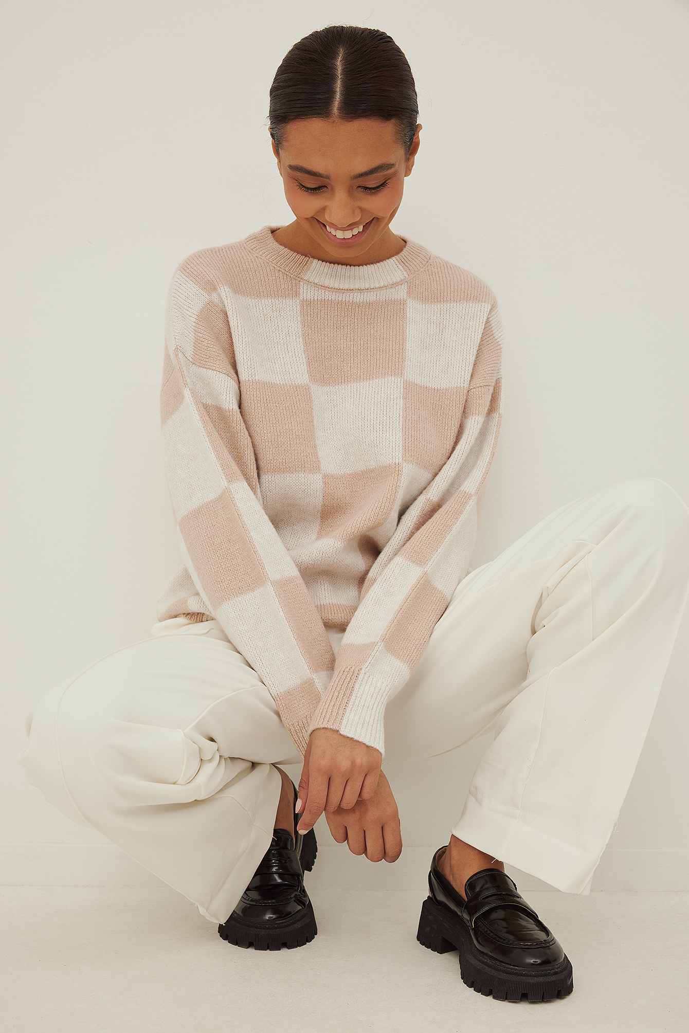 White/Beige Knitted Mock Neck Checkered Sweater