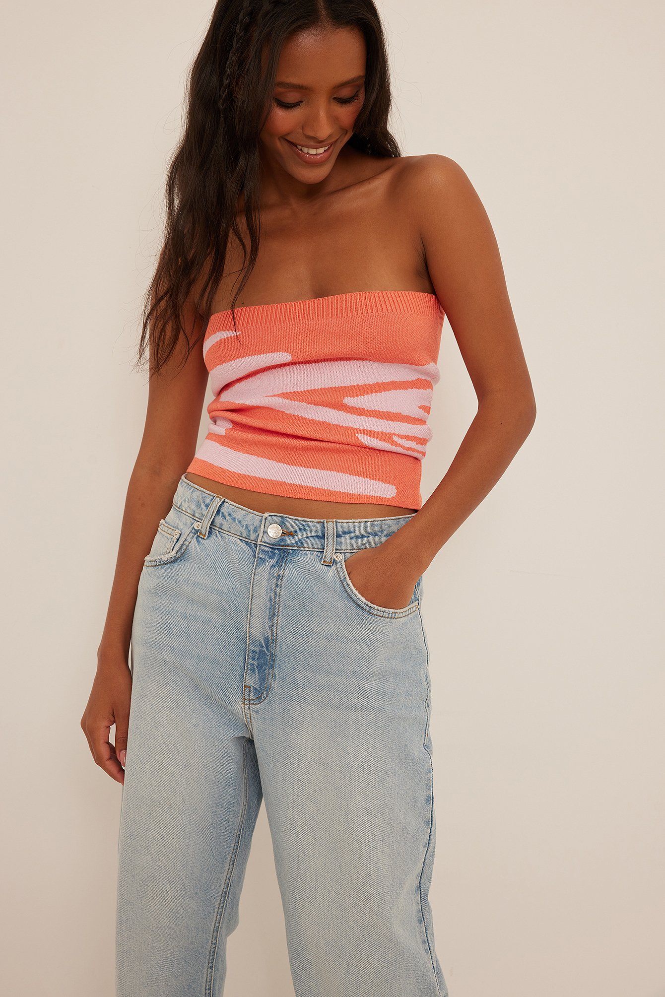 Coral Pink Knitted Pattern Tube Top