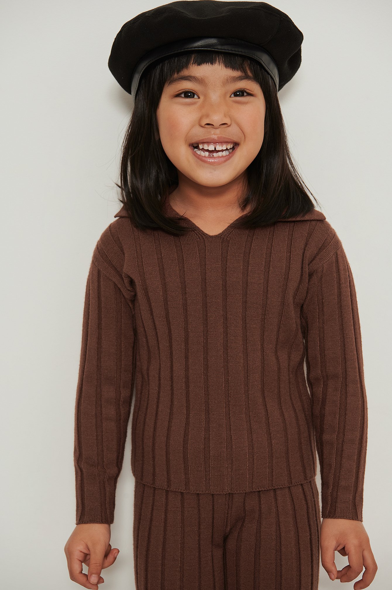 Brown Knitted Rib Collar Sweater