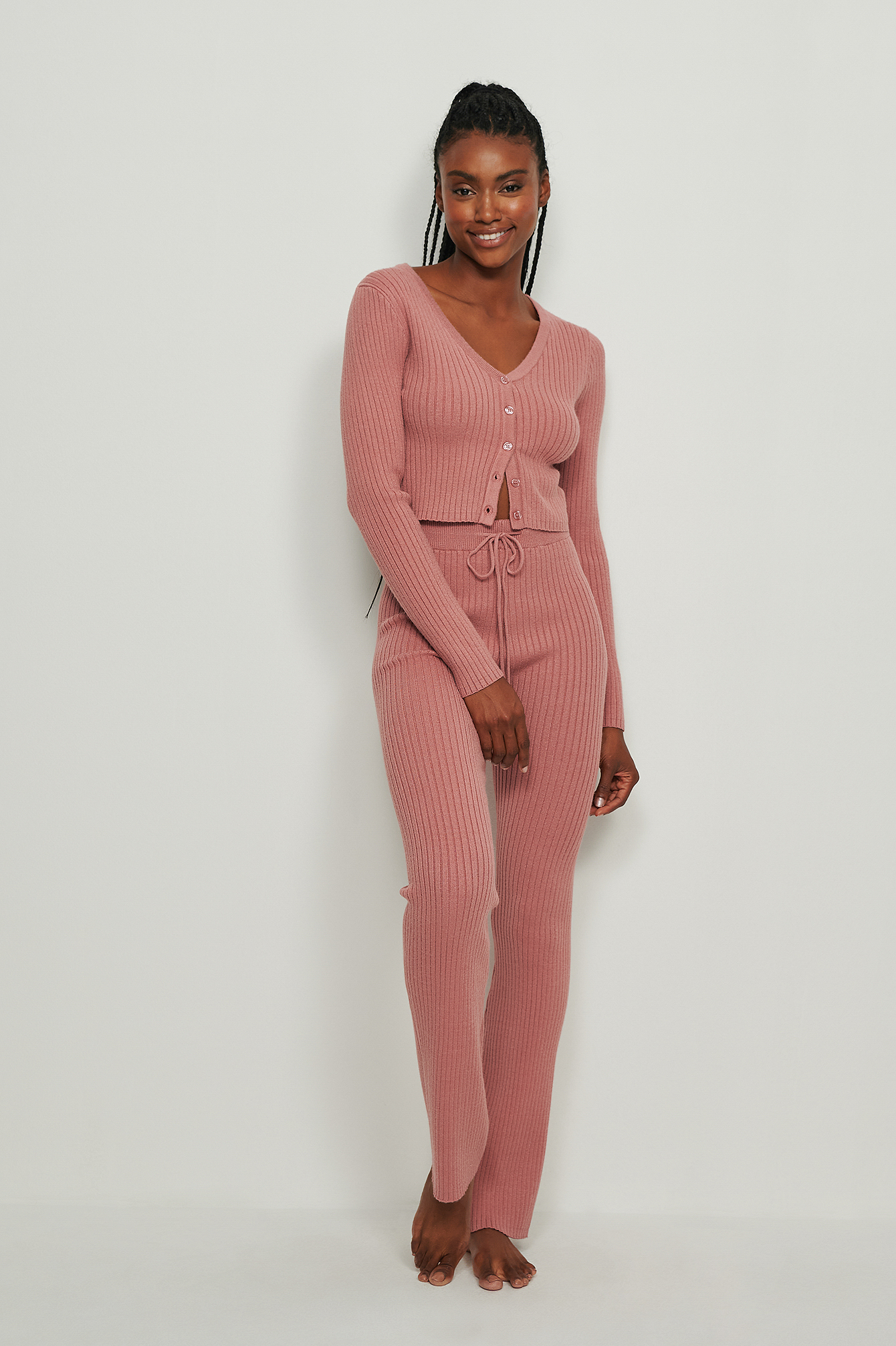 Knitted Ribbed Cardigan Pink