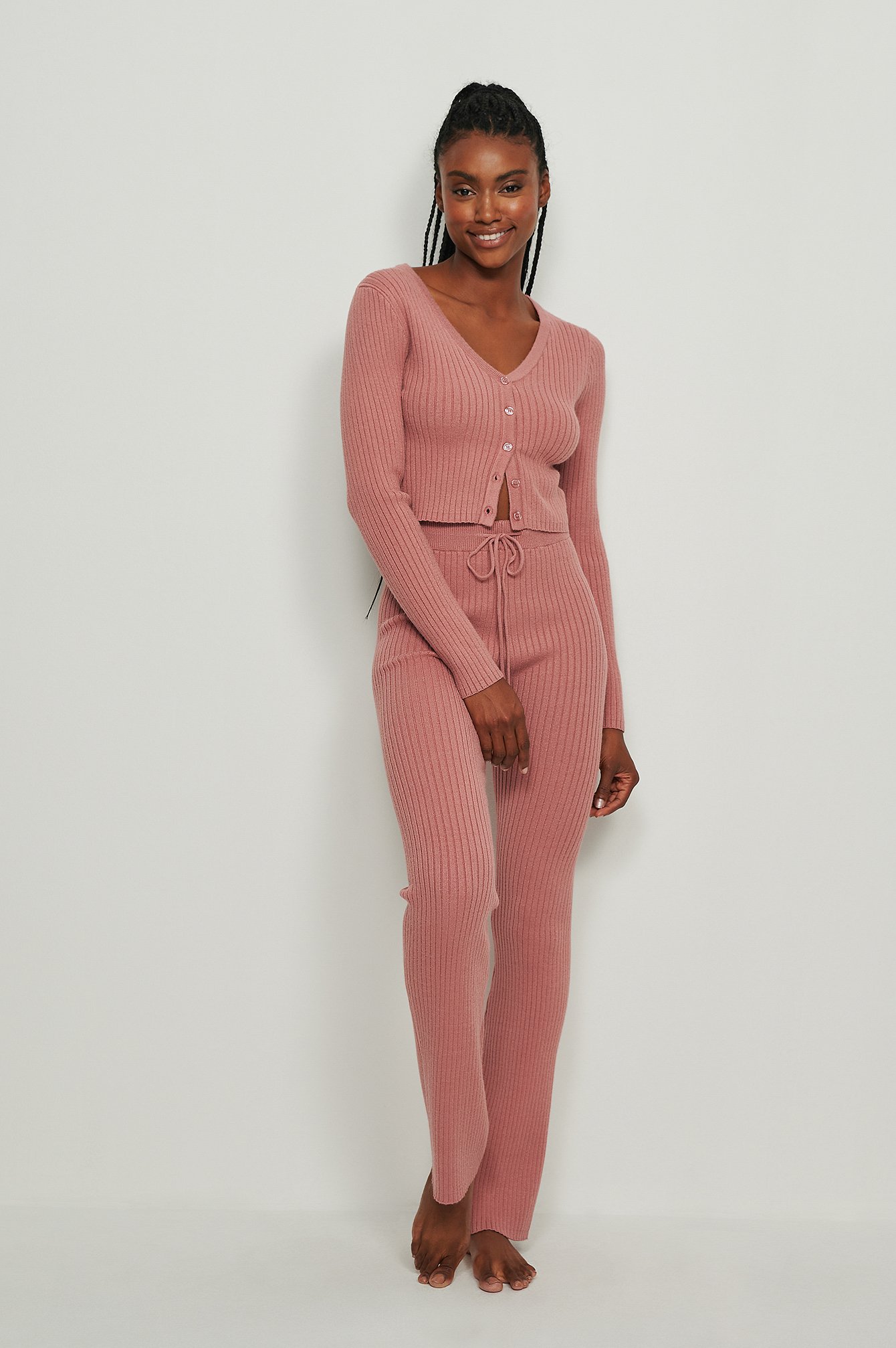 Dusty Dark Pink Knitted Ribbed Pants