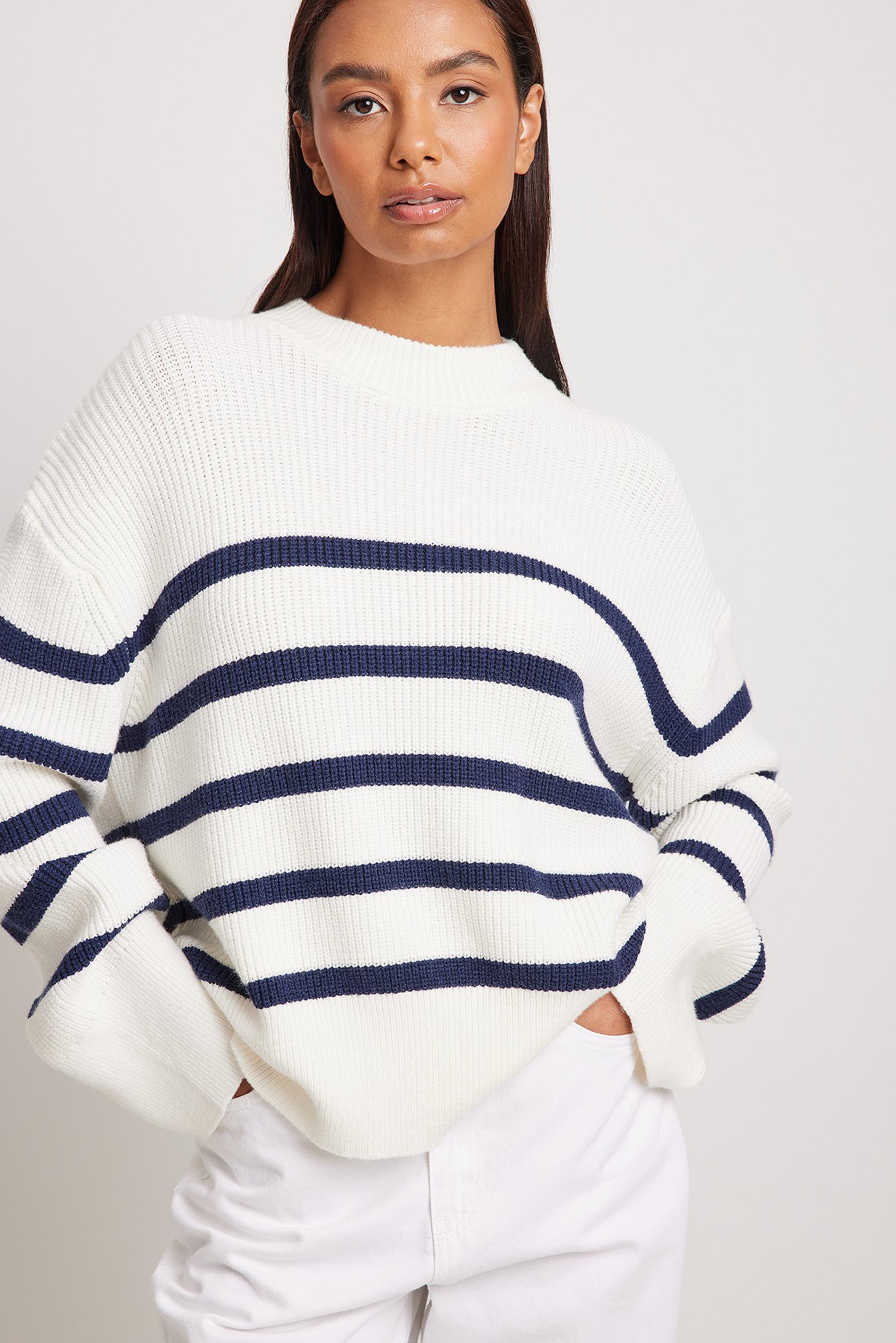 White/Navy Knitted Striped Sweater