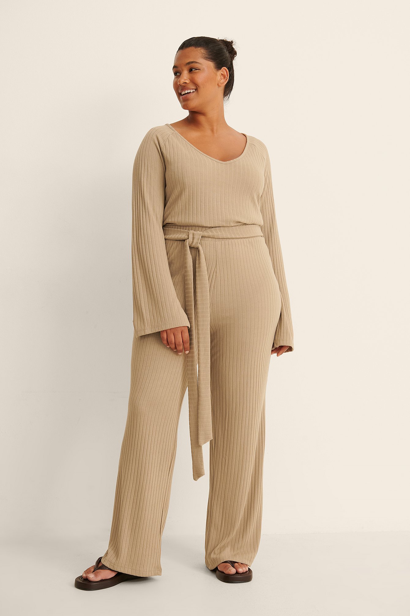 Beige Recycled Knot Detail Rib Pants