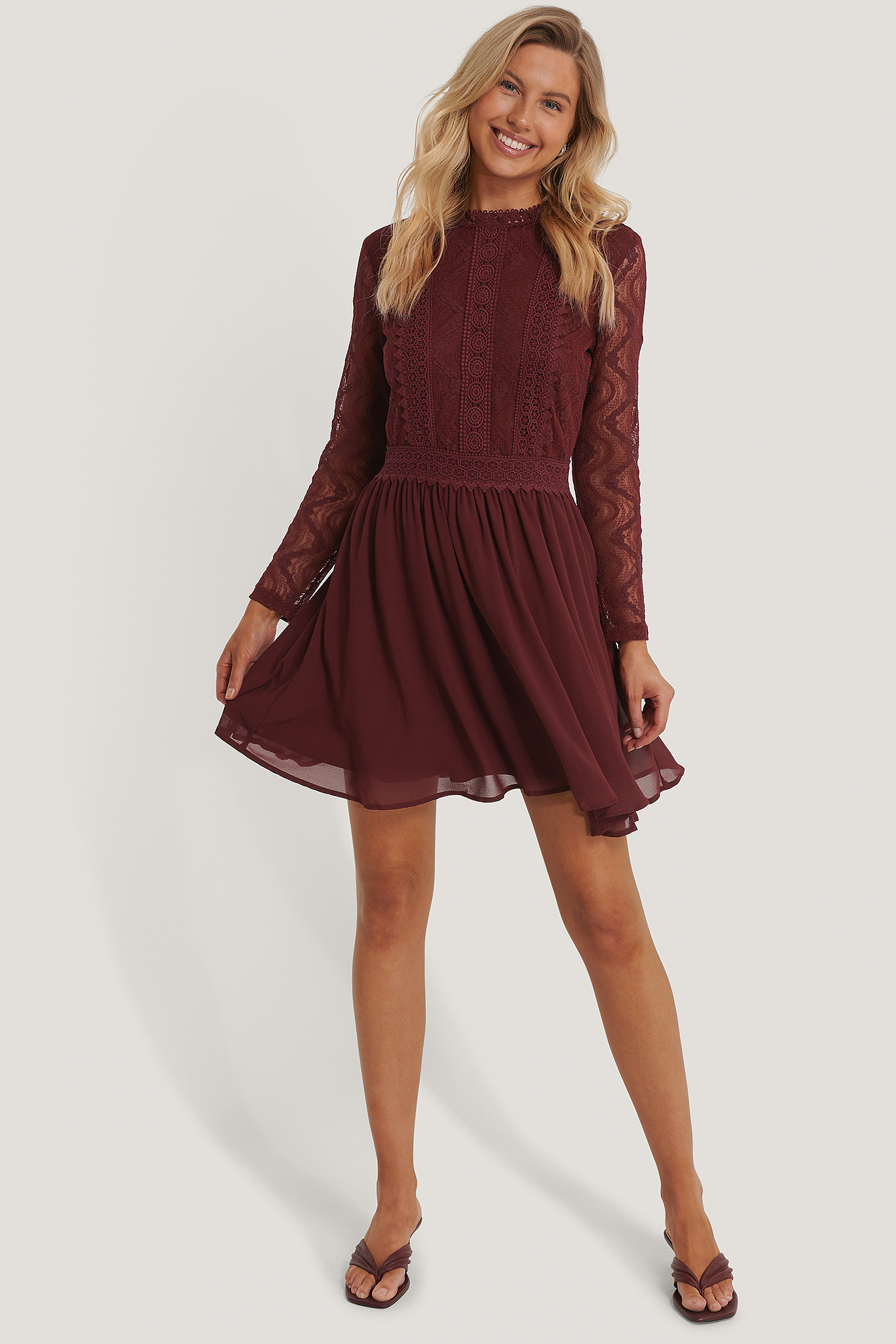 Burgundy NA-KD Boho Lace Anglaise LS Mini Dress