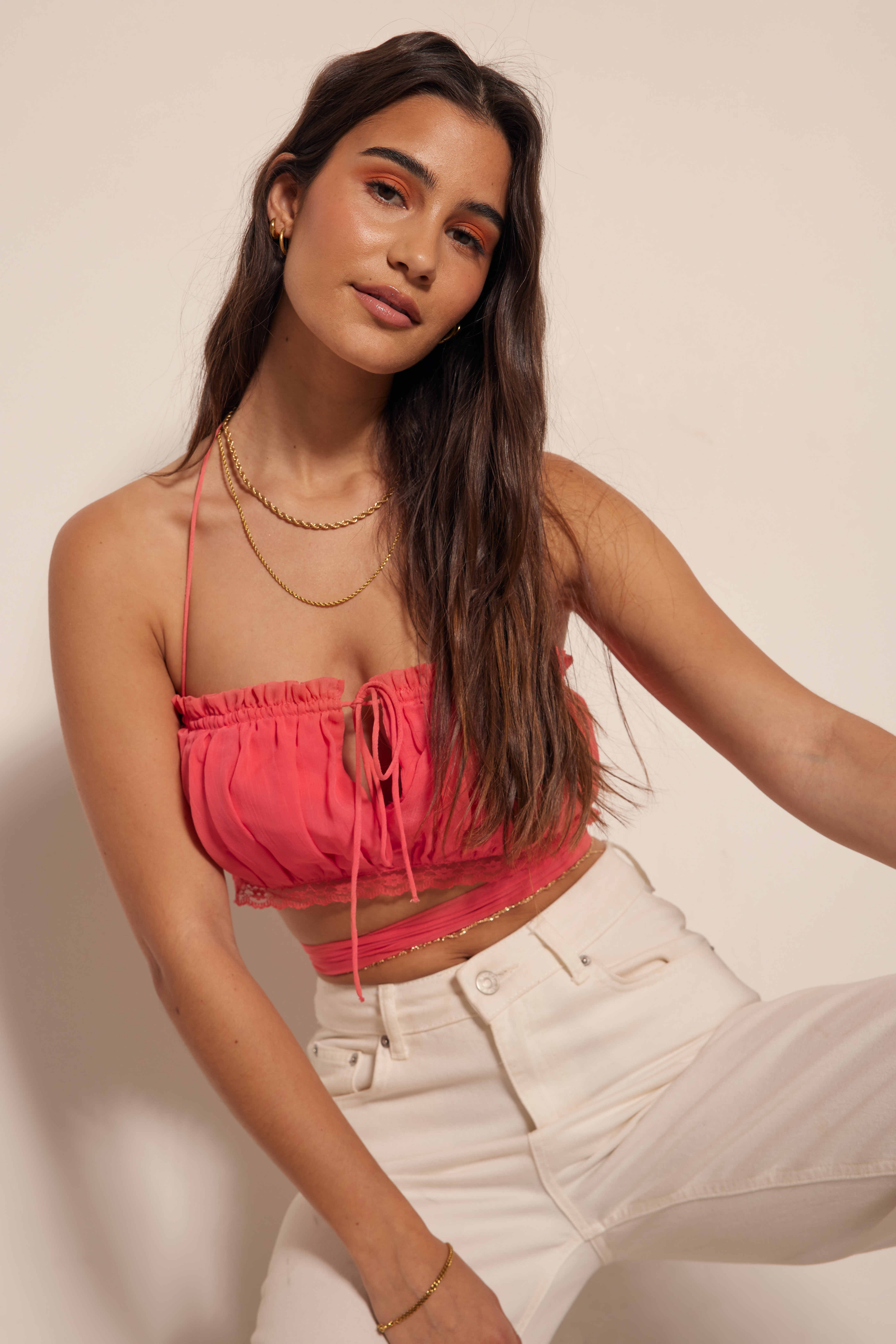 Coral Lace Detail Cropped Top